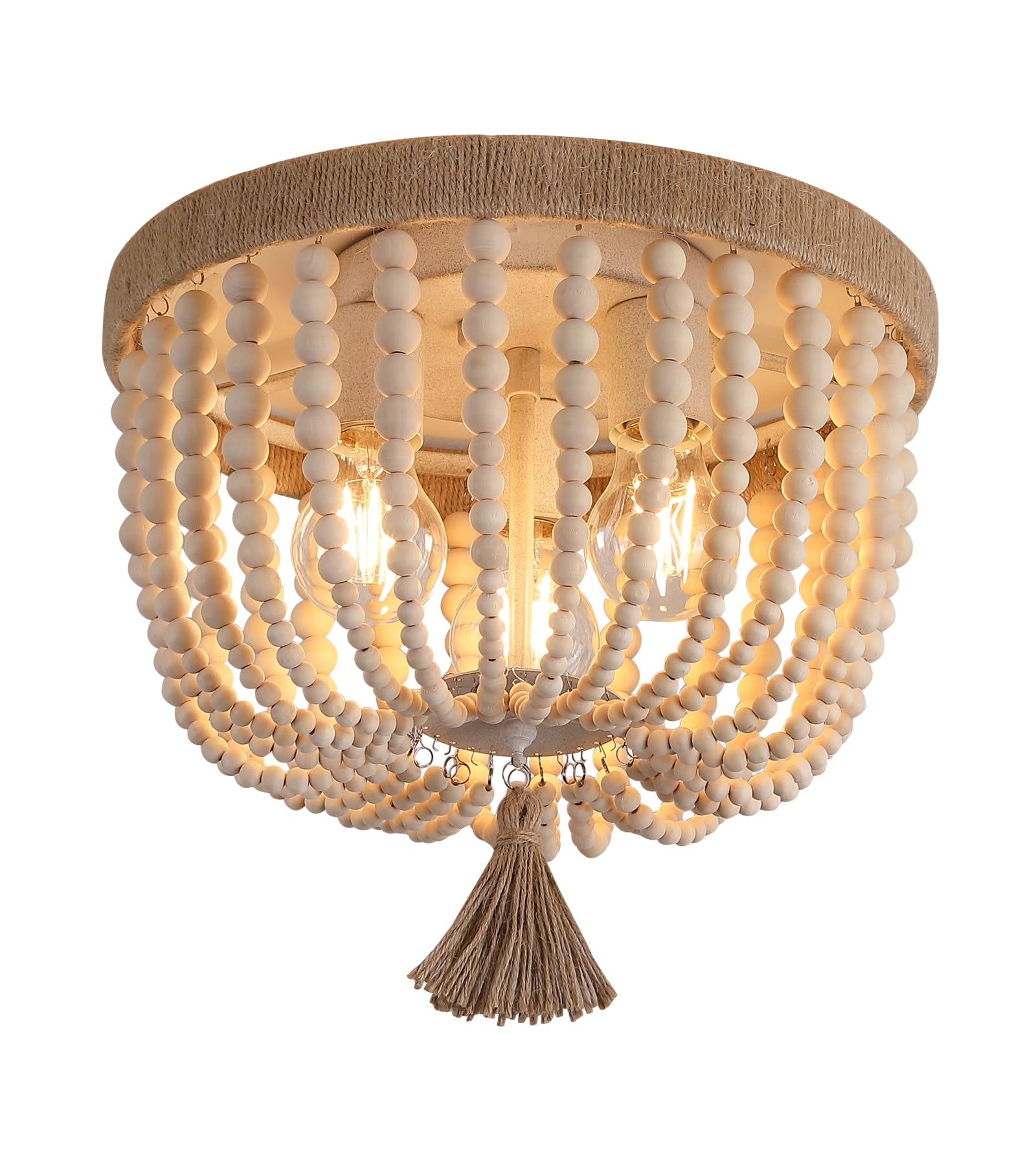 Amzasa Boho Flush Mount Ceiling Light Wooden Beaded Hepm Rope Oak Withe Farmhouse Beaded Chandelier Light Fixture 3 Lights For Nursery Bedroom Hallway Entryway