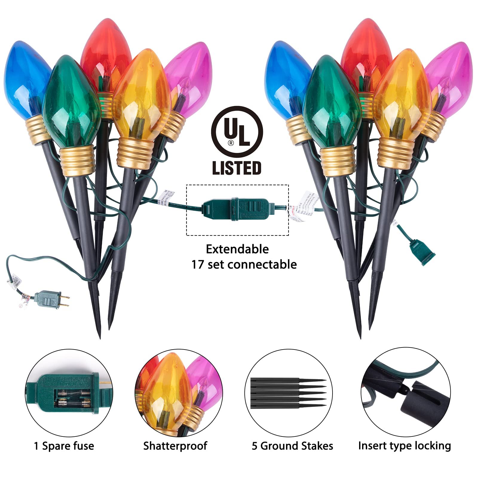Christmas Lights Jumbo C9 Outdoor Lawn Decorations With Pathway Marker Stakes, 8.5Ft C7 Lights Covered Jumbo Glitter Multicolor
