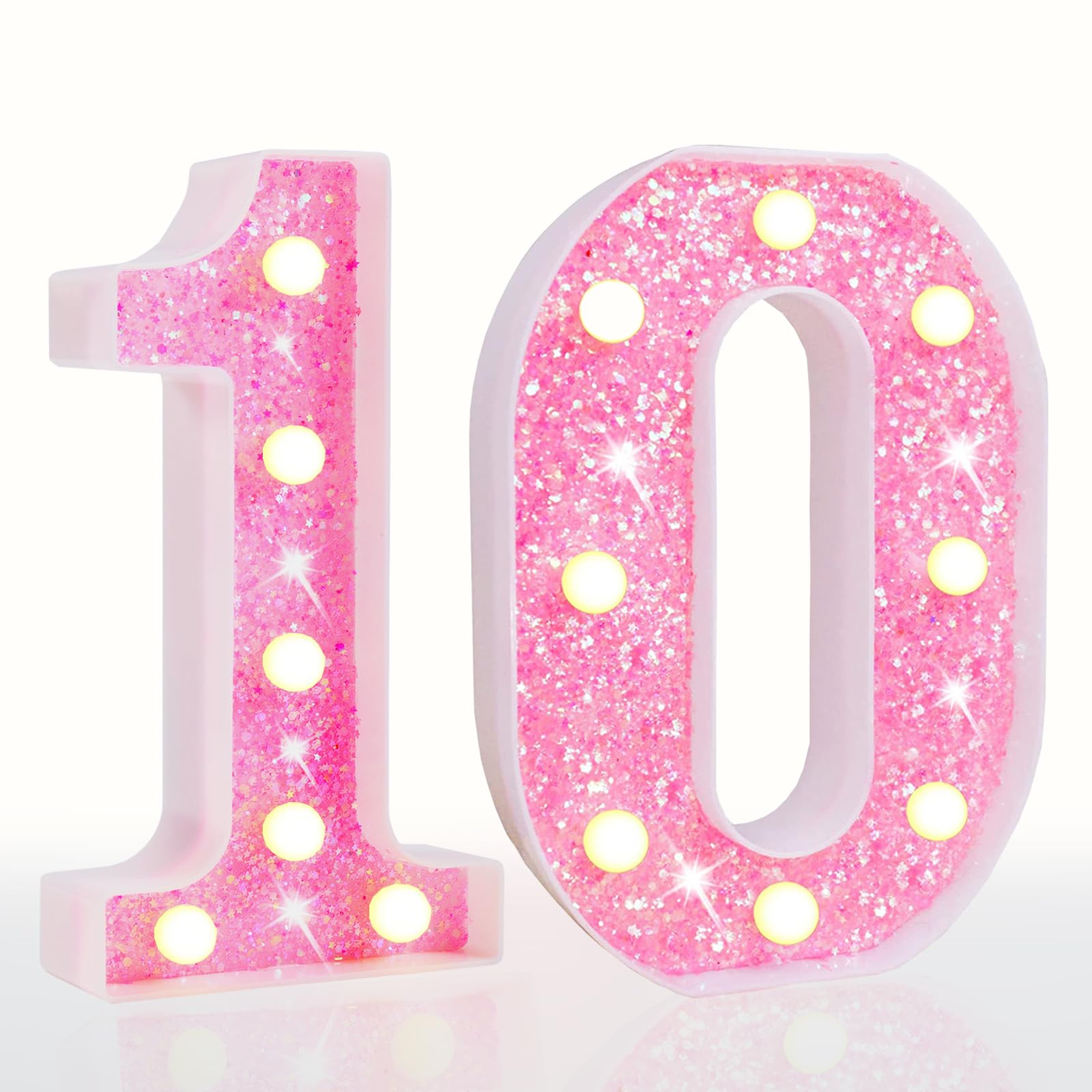 Pooqla Marquee Numbers Lights, Light up Numbers Battery Powered, Glitter Lighted Numbers for Birthday Party, Shiny LED Numbers for Party for 10th Birthday Anniversary Decoration, Pink Number 10