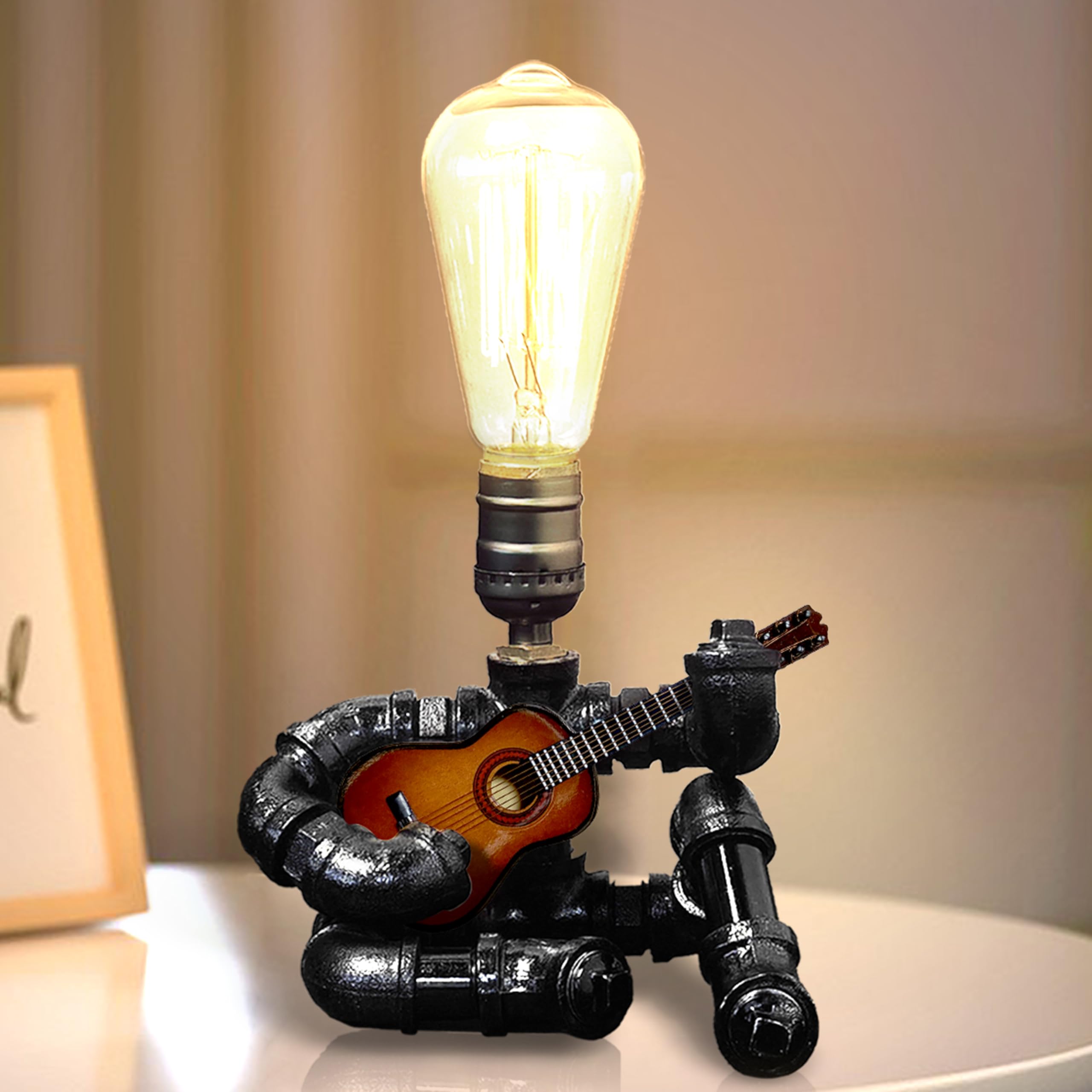 CHXTX Industrial Guitar Table Light - Music Decor Gift for Lovers - Metal Robot Pipe Lamp Steampunk Accessories for Men (Brown)