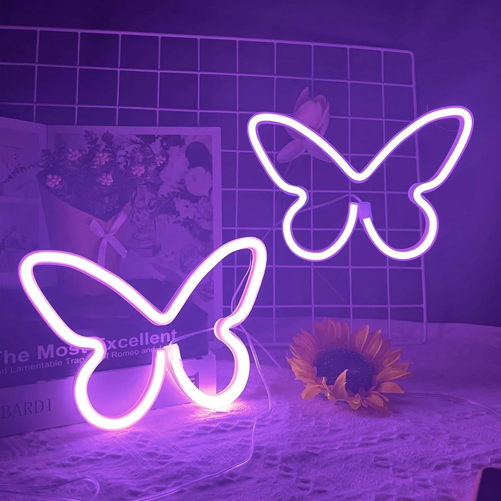 BerniceKelly Butterfly Neon Signs - Purple LED Light for Bedroom, 6.7 x 9.1 inches, USB/3AA Battery, Silicone Material
