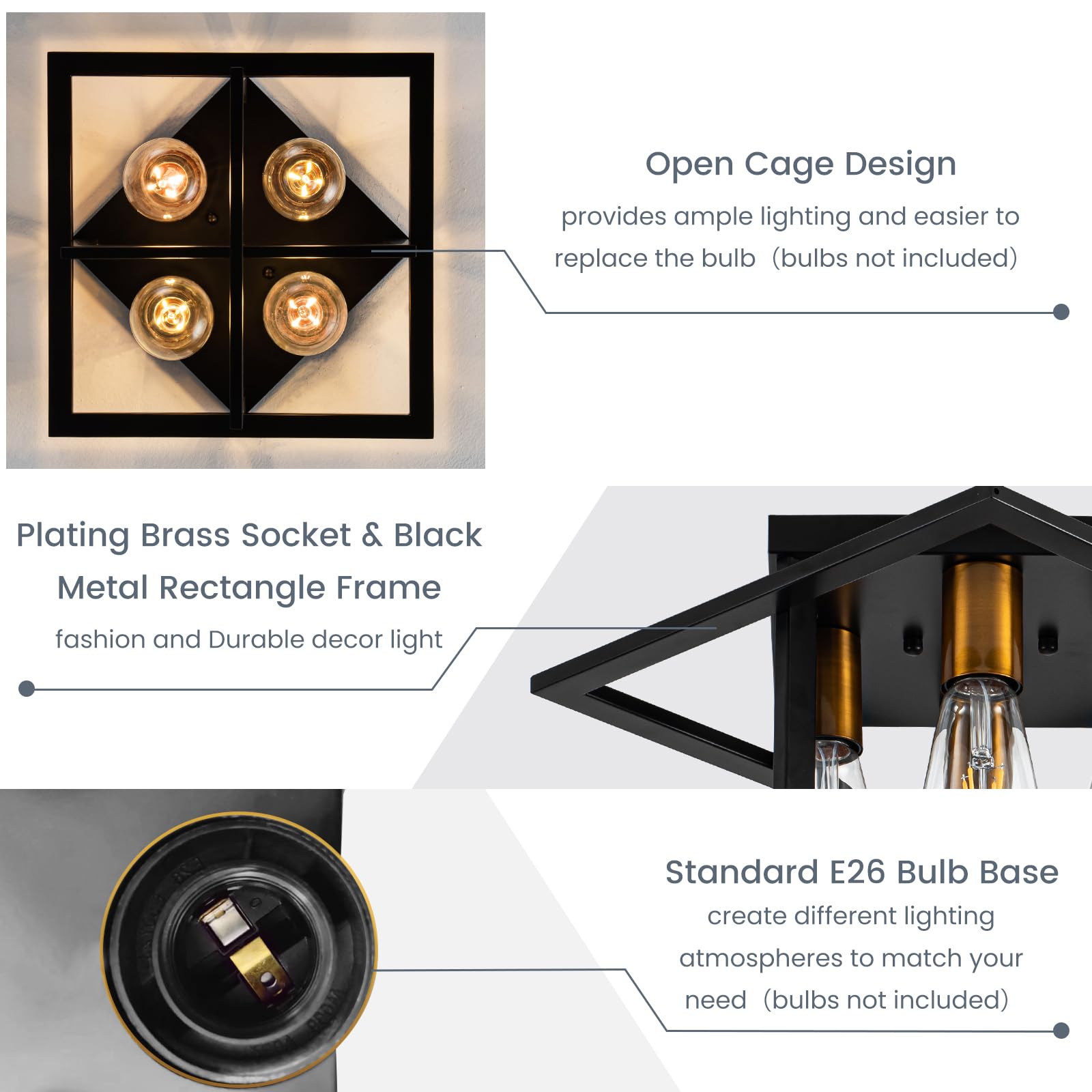 Fengkedu 4 Light Farmhouse Lighting Fixtures Ceiling Black Gold Industrial Flush Mount Ceiling Lamp Hallway Light Fixture Close