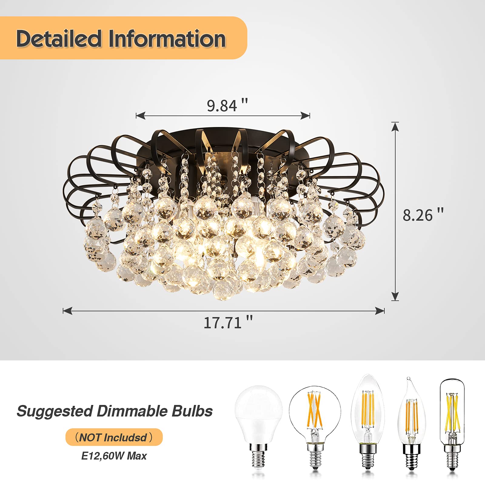 Cvkash Crystal Floral Chandelier 4-Light Antique Modern Black Flush Mount Raindrop Crystal Ceiling Lighting Fixture Chandelier F