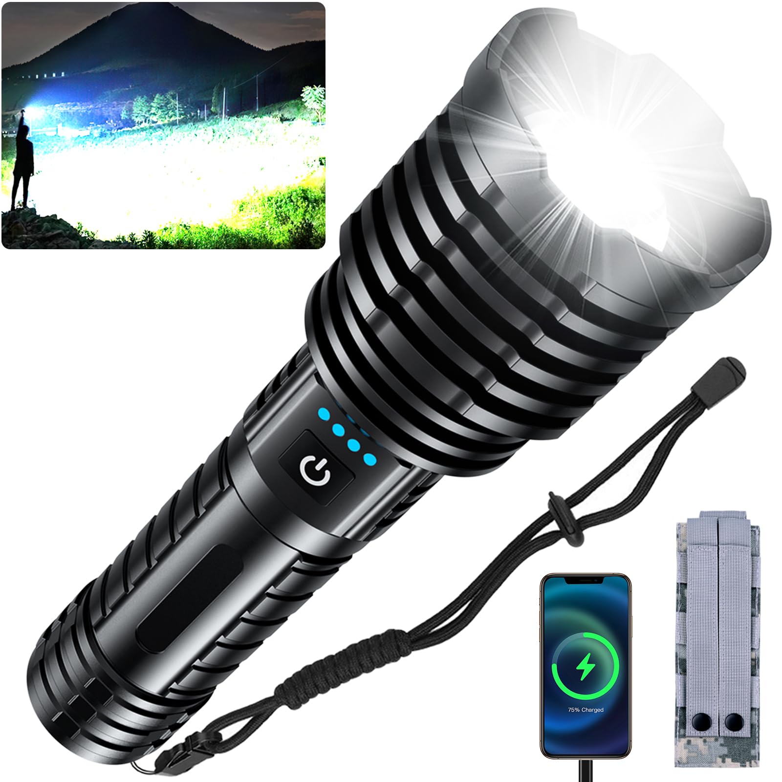 Super Bright Led Flashlight 1800000 High Lumens, Rechargeable Handheld Flashlights Powered By Battery, Waterproof Tactical Flashlights-Zoomable 5 Modes-31H Runtime-Holster For Emergency Camping