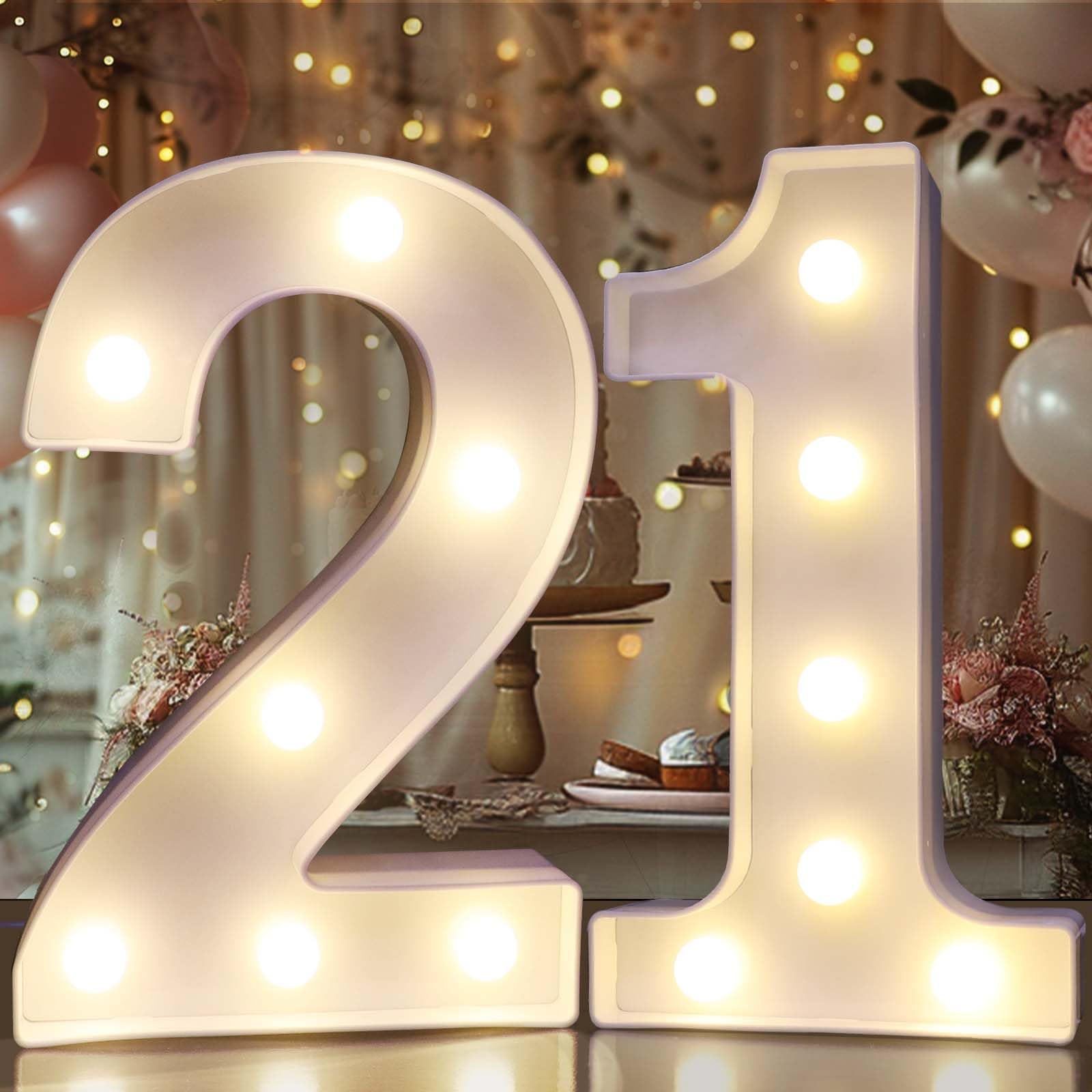 Pooqla Decorative Led Light Up Number Letters, White Plastic Marquee Number Lights Sign for 21th Birthday Party Wedding Decor Battery Operated Number (21)