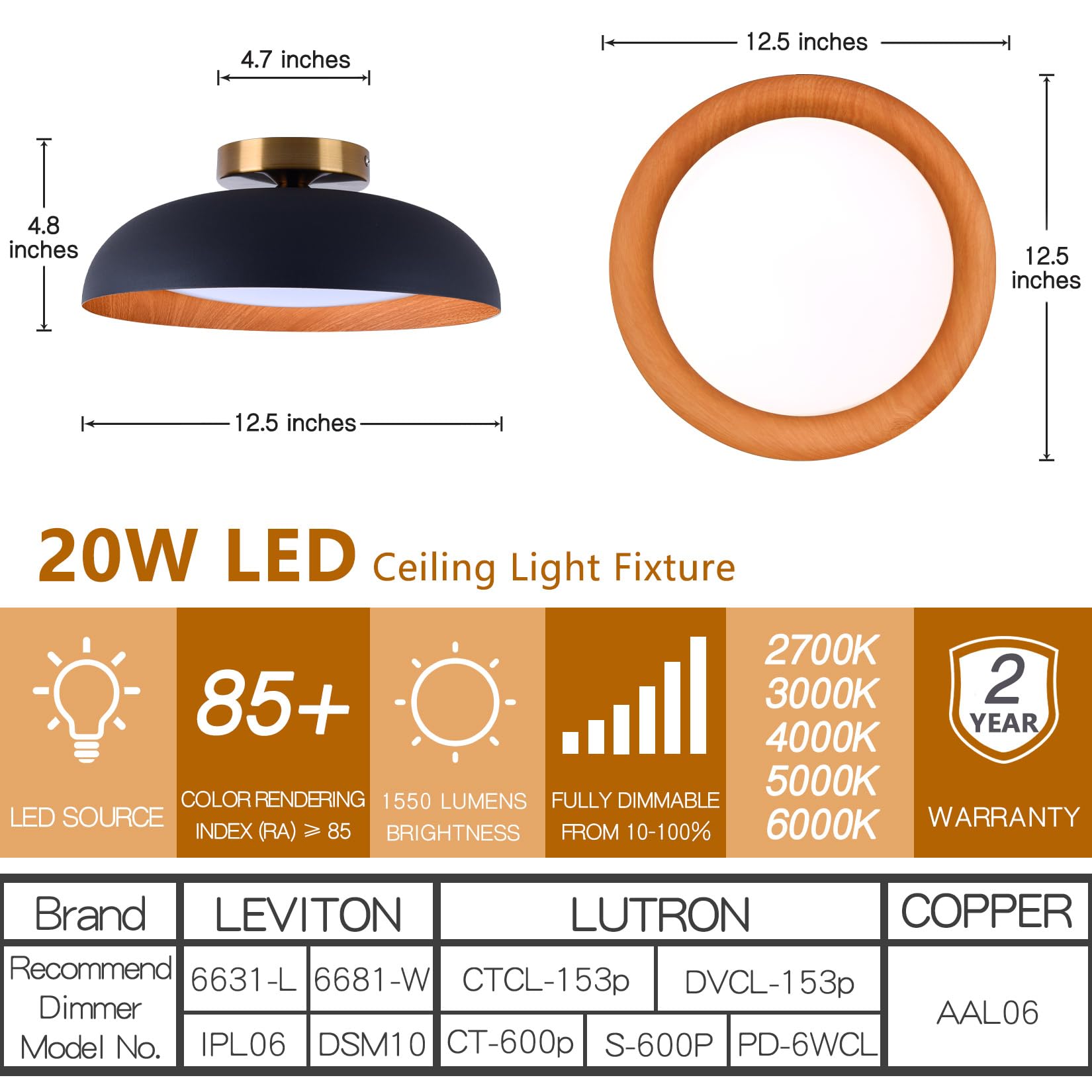 Bargeni Flush Mount Ceiling Light,12.5 Inch Led Ceiling Light Fixture,5Cct Dimmable/2700K-6000K/20W, Matte Black With Wood Accen