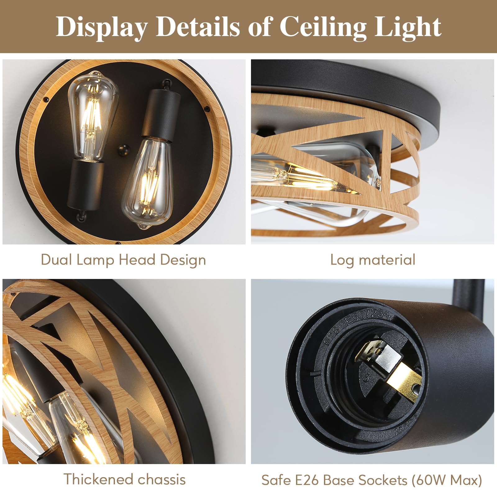 2 Pack Close To Ceiling Light Fixtures, 2-Light Indoor House Flush Mount Ceiling Light, 11 Inch Metal Cage Cross Wood Finish Farmhouse Ceiling Lights For Kitchen Hallway Bedroom
