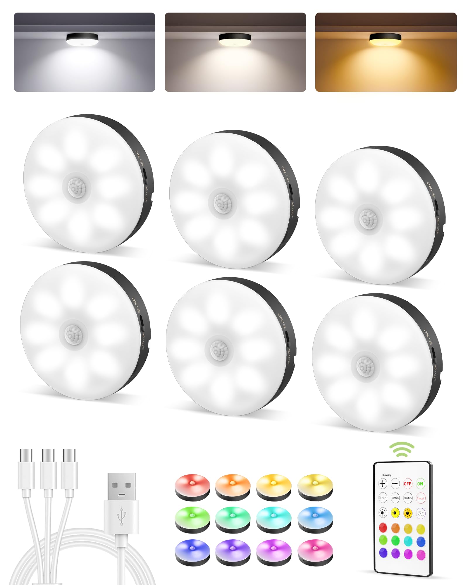 EZVALO Under Cabinet Lighting Puck Lights, 1000mAh Rechargeable, 3 Color Temps, Dimmable, 6 Packs, Black, Model EZL2421A