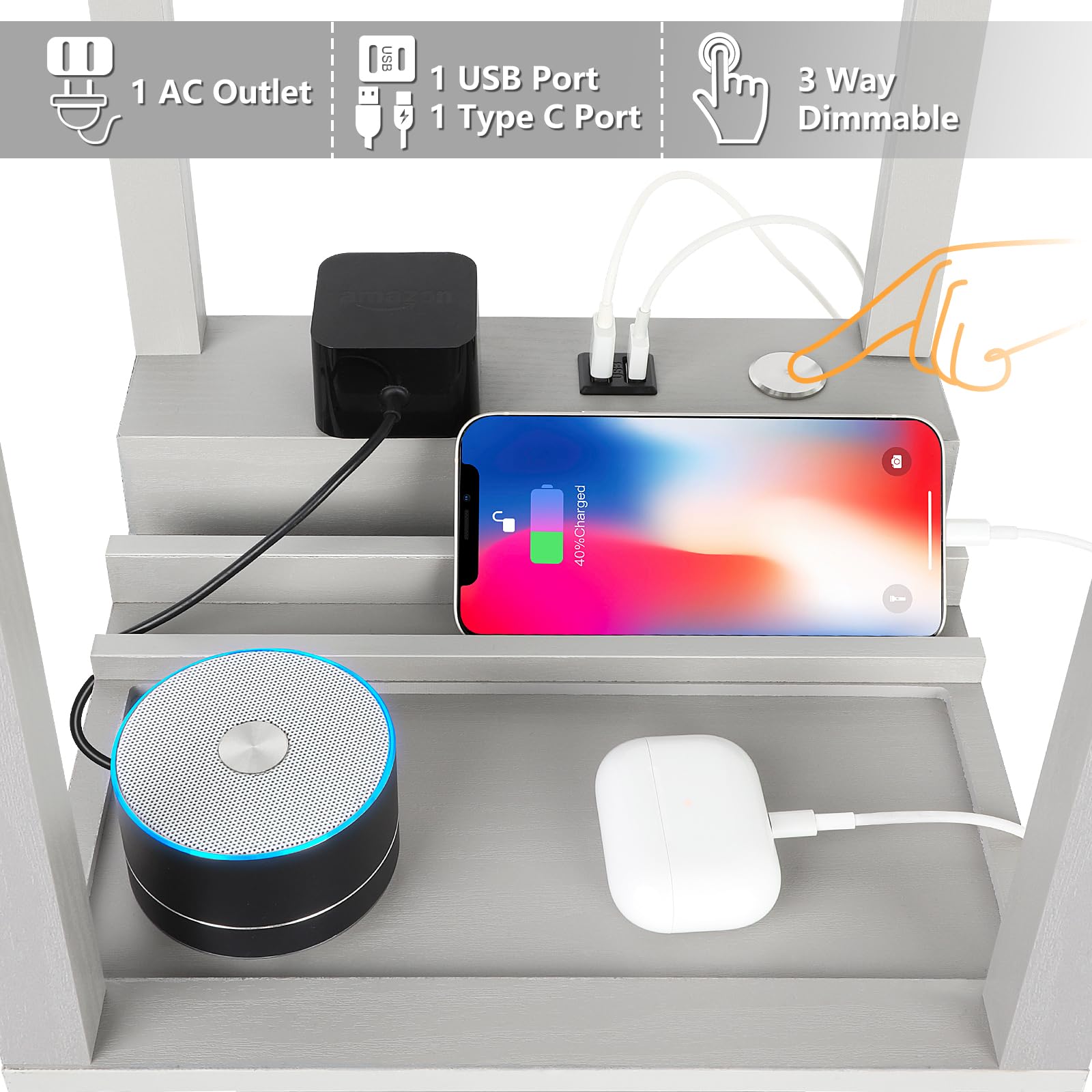 Folksmate Led Shelf Floor Lamp, Modern Touch Control Dimmable Standing Lamp With 2 Usb Ports And 1 Power Outlet, Corner Tall Lam