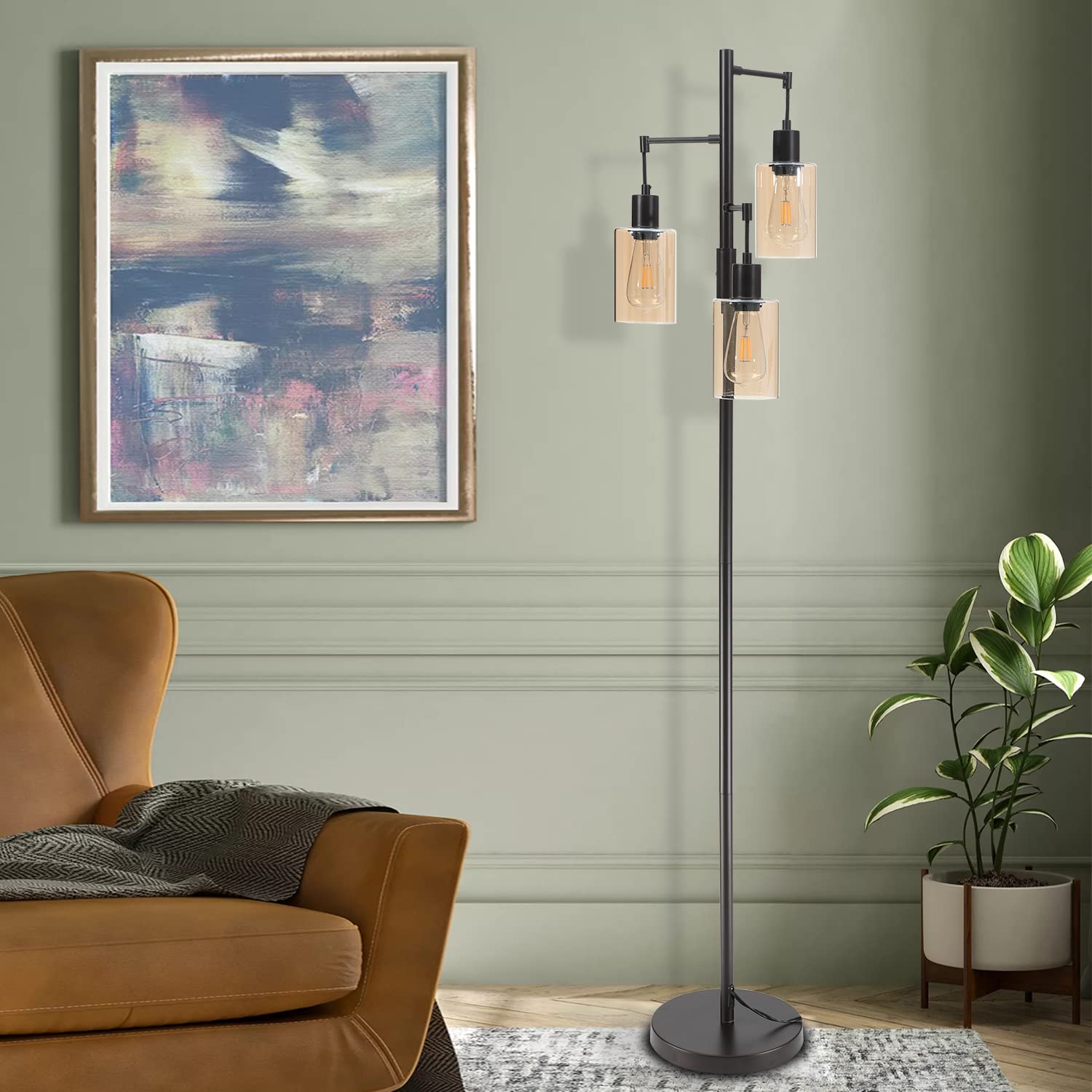 Liylan Farmhouse Floor Lamp - Dimmable Tall Oil-Rubbed Bronze Tree Lamp with 3 Lights and Amber Glass Shade, Model MF20056ORB
