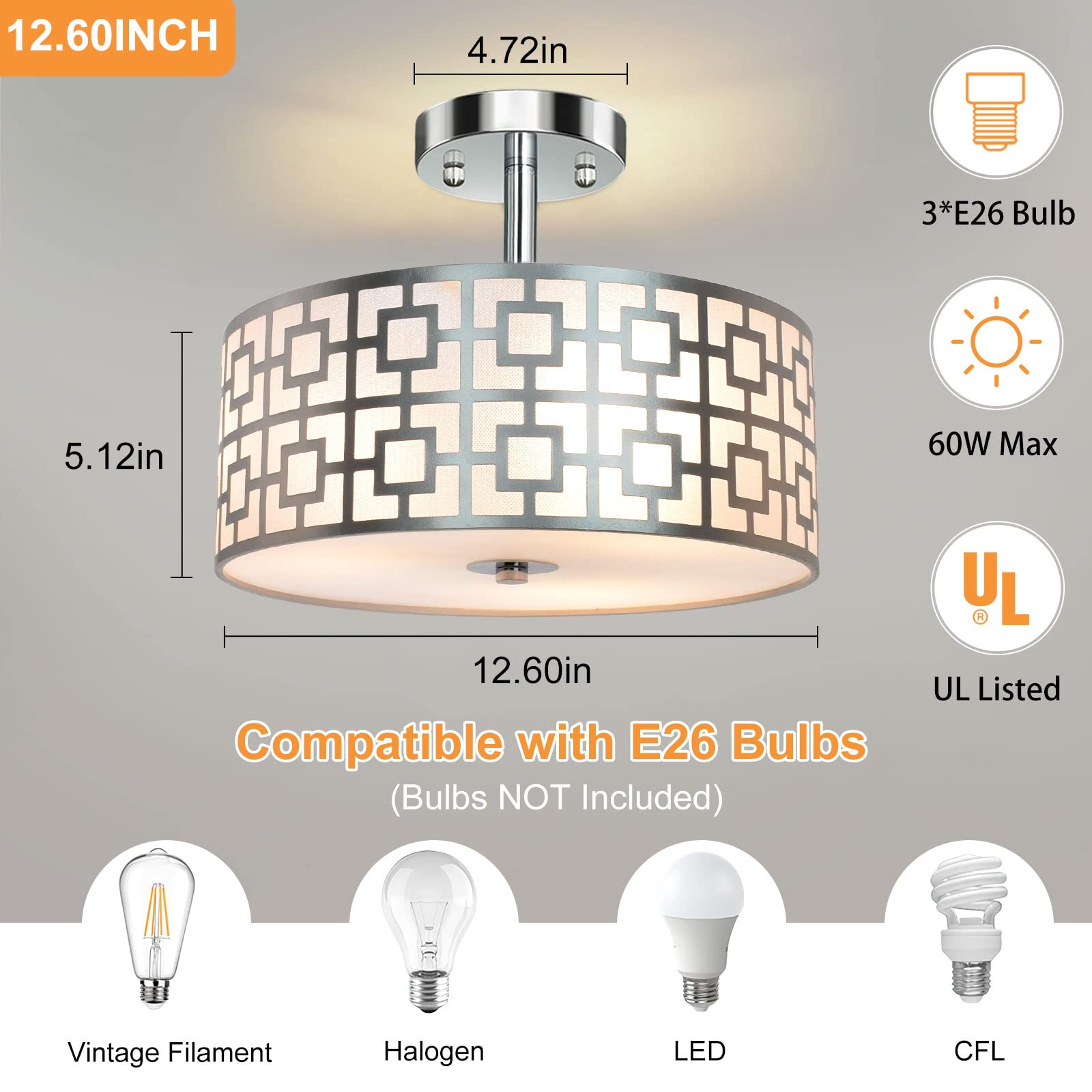 DINGLILIGHTING Semi Flush Mount Ceiling Light, 3-Light, Metal, 12.6 Inch, Brushed Chrome Finish, Model WS-FNC1-60B