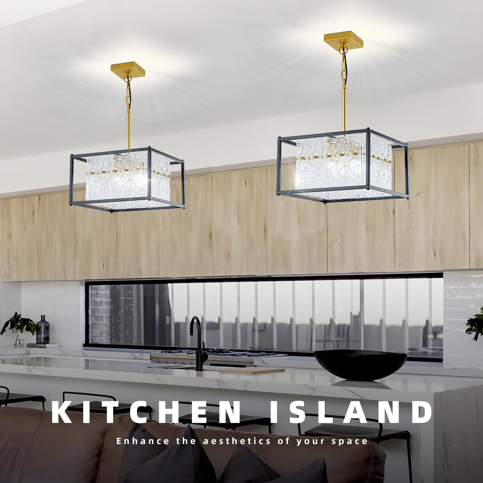 4-Light Modern Square Pendant Light Fixture, Black And Gold Crystal Chandelier With Water Ripple Glass Shades, Farmhouse Adjusta