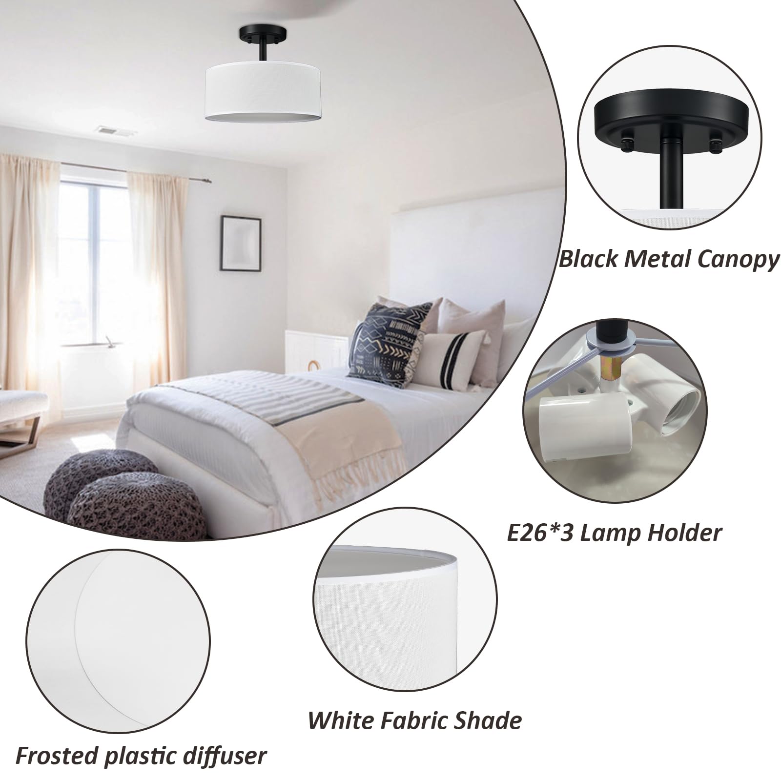 AXILAND Modern Ceiling Light Fixture, 3-Light Flush Mount, Metal, Black, Model T7214-3CU-BK