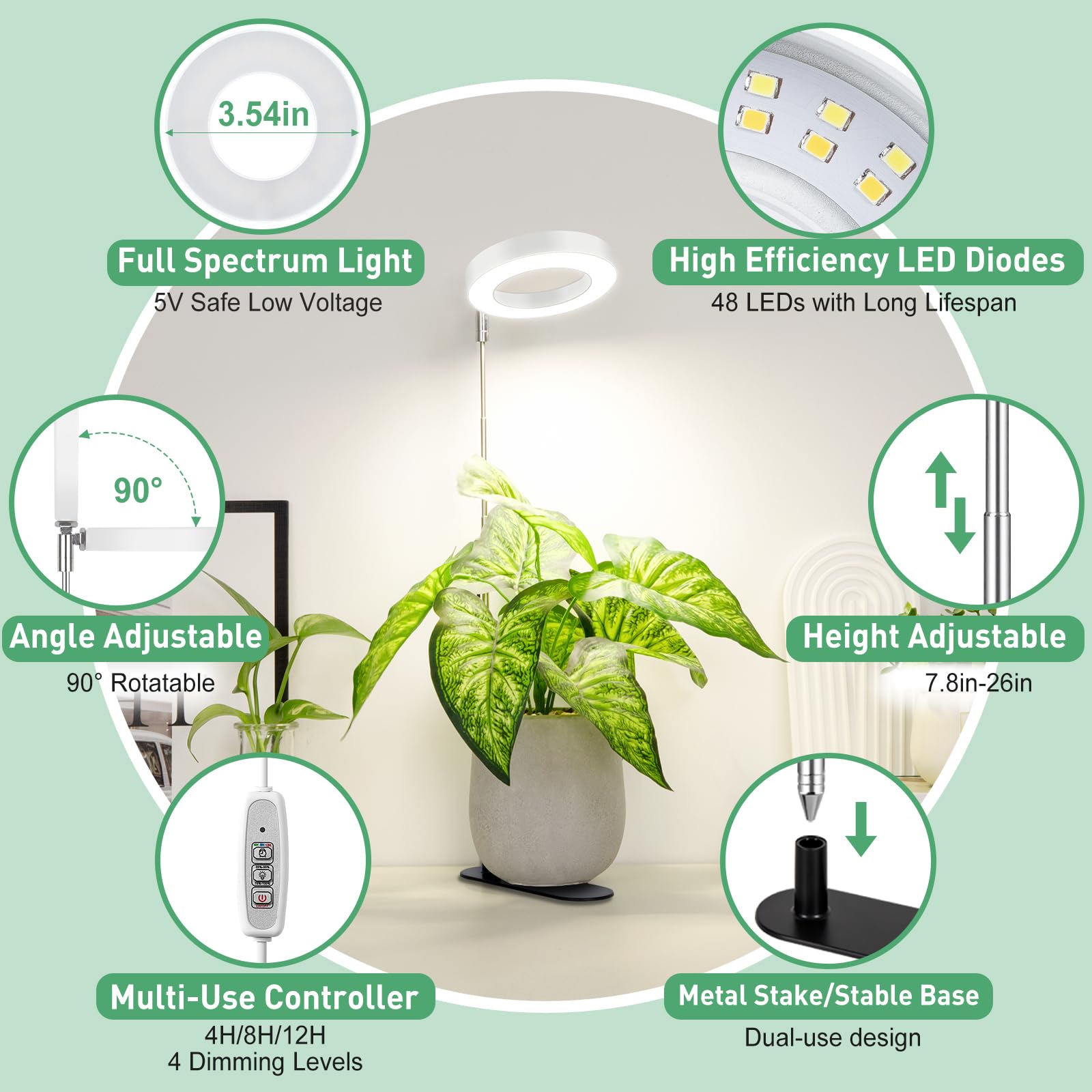 Lordem Plant Grow Light, Full Spectrum Halo Desk Plant Light, Height Adjustable 7.8&quot;-26&quot;, Led Growing Lamp, Automatic Timer 4H/8H/12H, 4 Level Dimmable, Ideal For Indoor Plants,White, 2 Pack