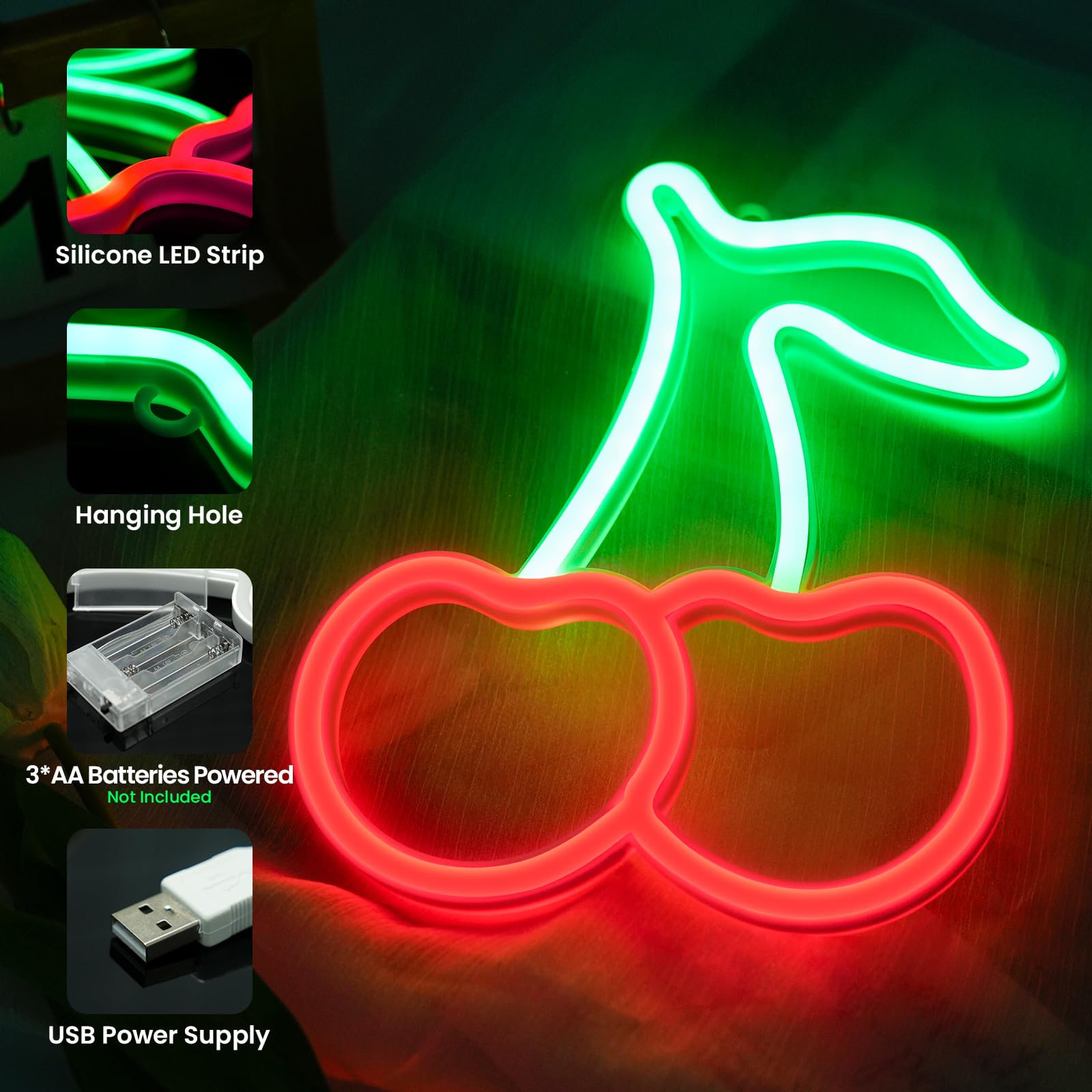 InnovTools Cherry Neon Sign - LED Wall Decor, USB/Battery Powered, Red Green Fruit Shape for Home, Bathroom, Living Room, Bar Decoration
