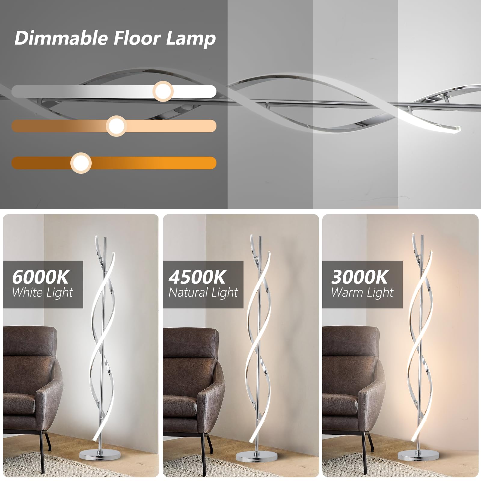ADISUN 40W LED Floor Lamp with Remote Control, Dimmable, Spiral Design, Indoor Use, Silver