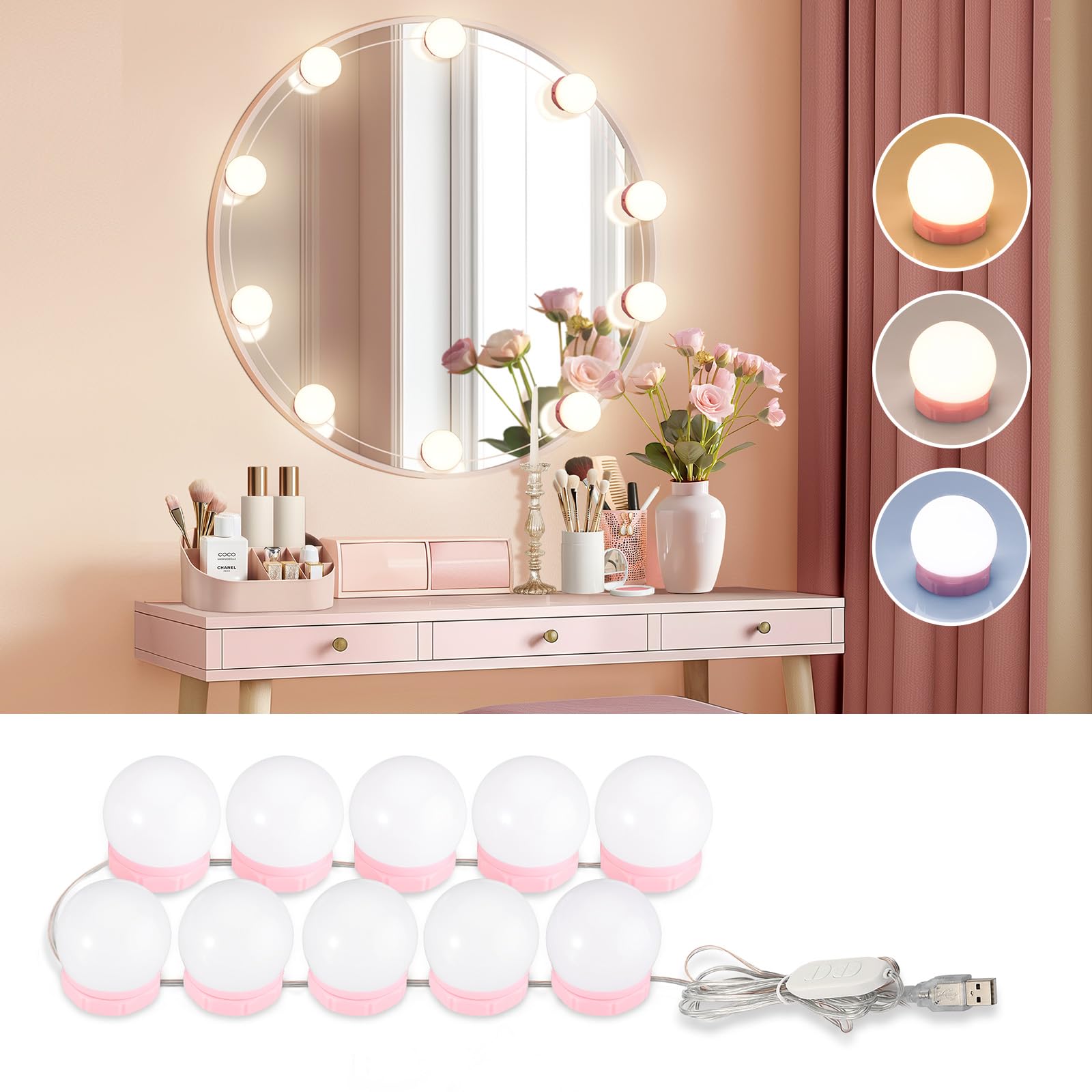 Consciot LED Vanity Lights for Mirror, 10 Dimmable Bulbs, Adjustable Brightness, Pink, Model PC-10D-2835-W-F5