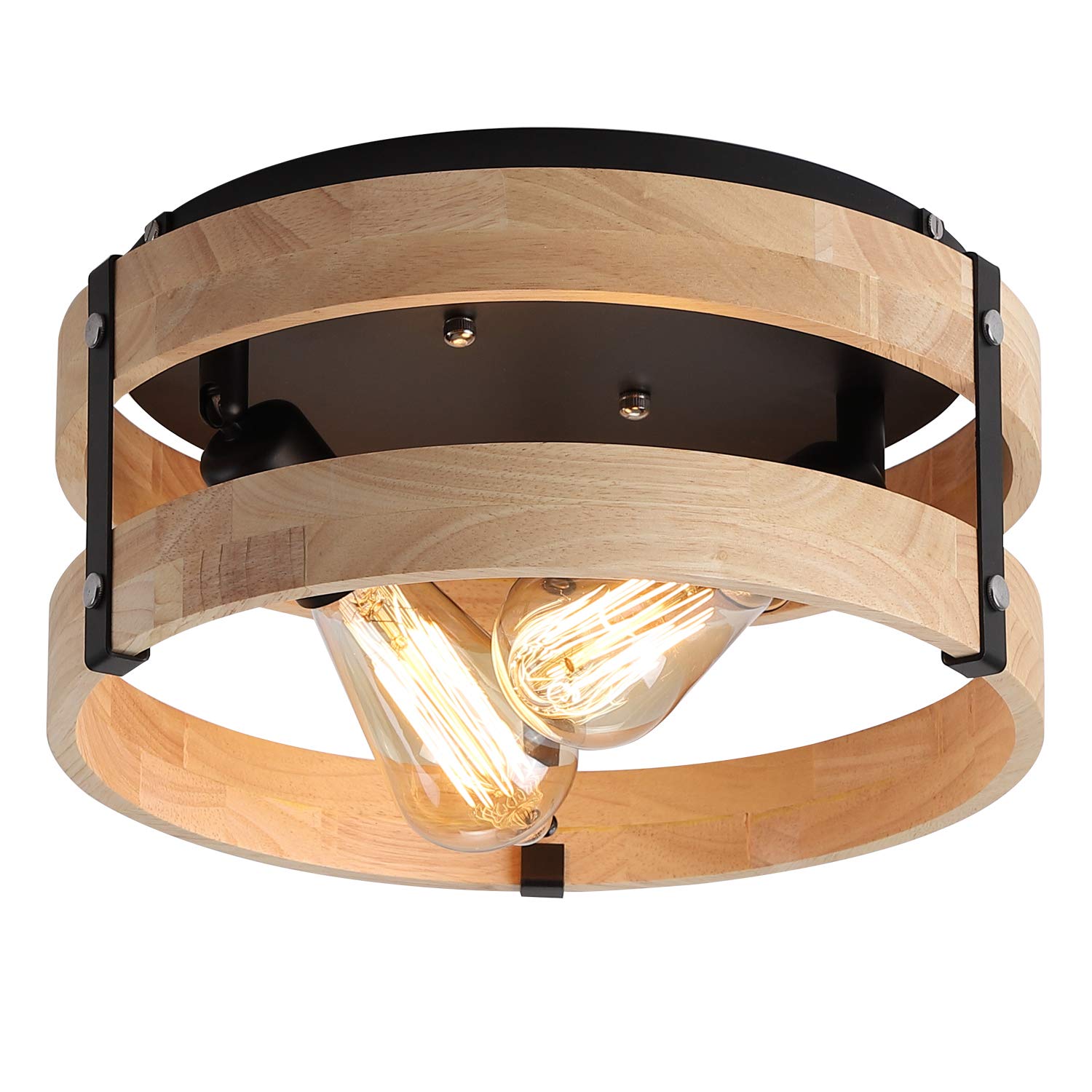 Fivess Lighting Modern Farmhouse Flush Mount Light Fixture, Two-Light, Wood and Metal, Light Yellow, Model fss6201