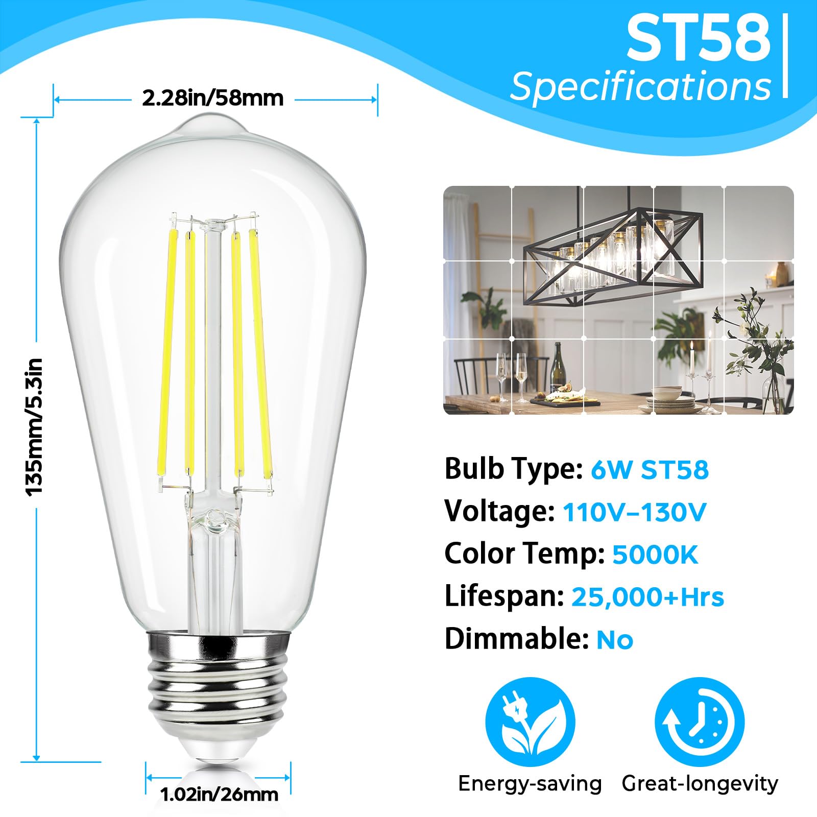 Brightever 4-Pack Vintage Led Edison Bulbs 60W Equivalent, 6W St58 5000K Daylight White Antique Led Filament Bulbs, E26 Medium B