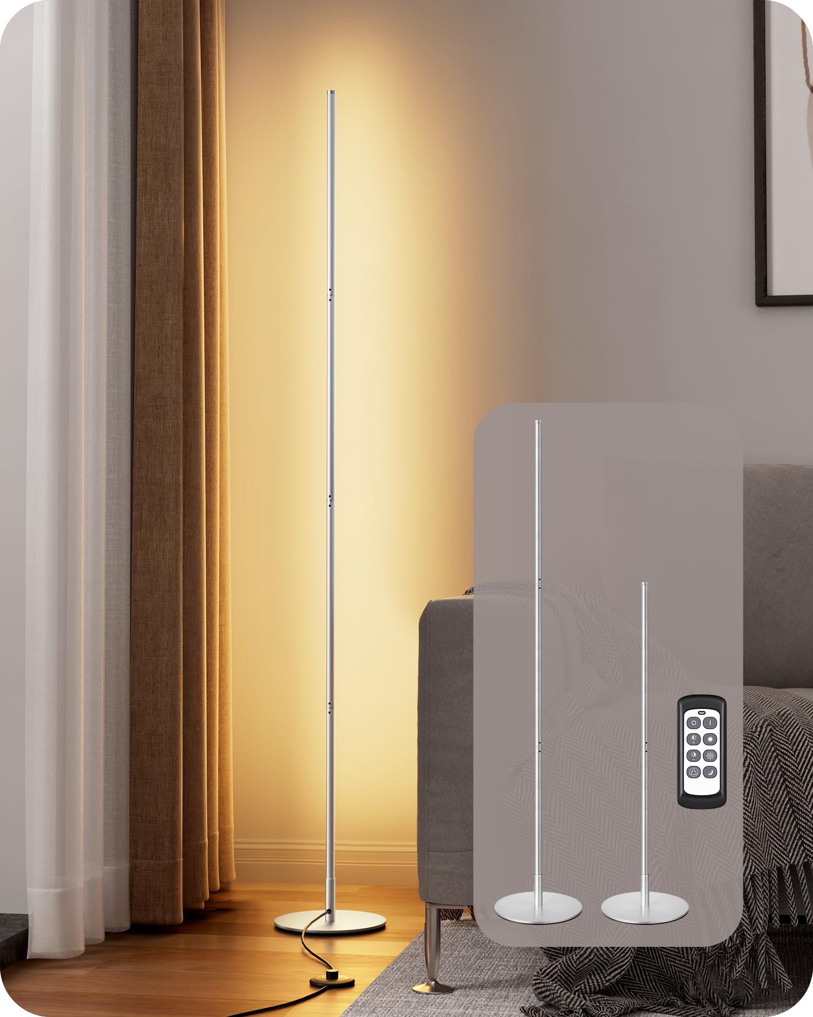 EDISHINE LED Standing Floor Lamp, Dimmable 3 Color Temperature 3000K-6000K, 57.5in Modern Design, Silver