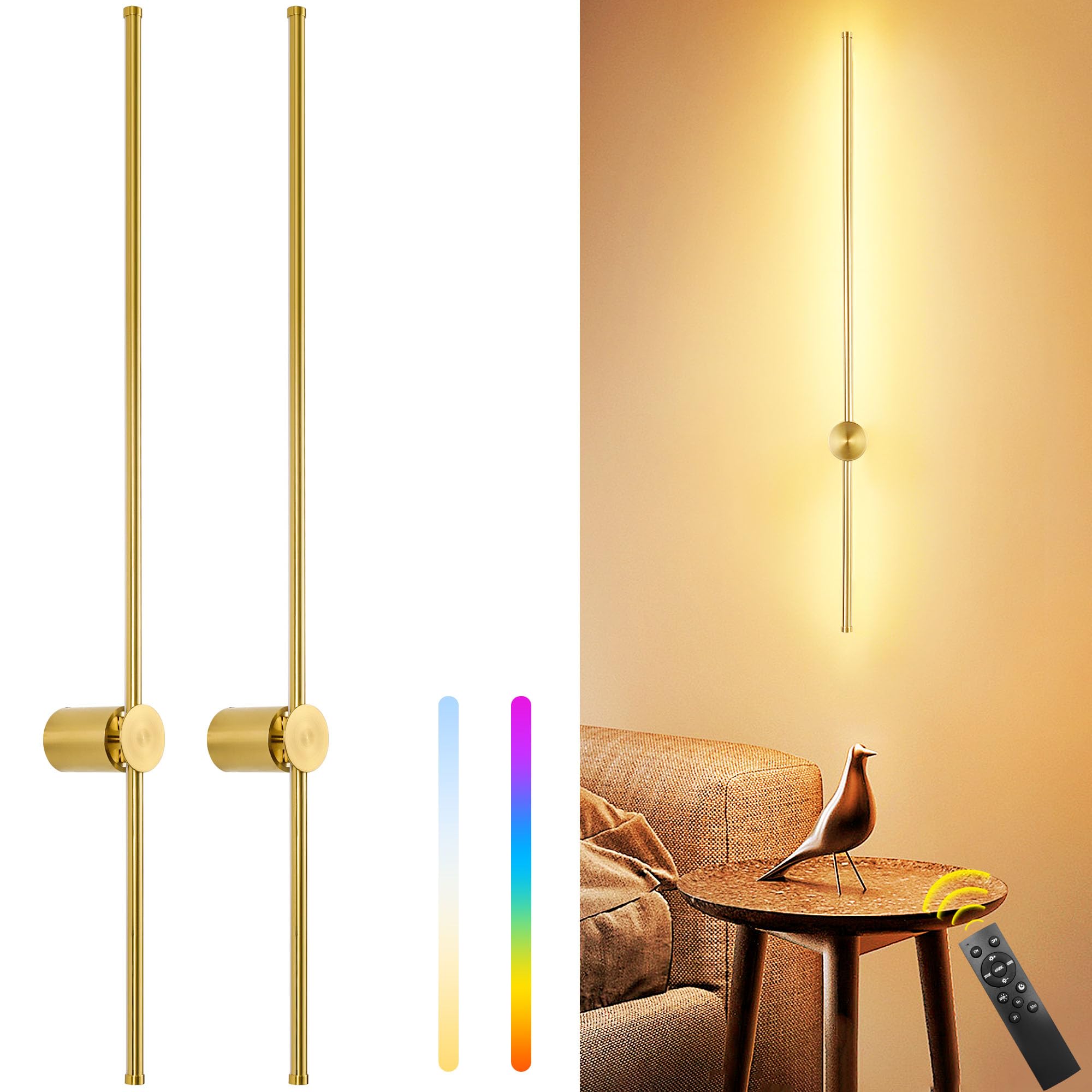 GOODATE Wall Sconces Set of Two, 39.4 Inch, Dimmable LED, 12000mAh Rechargeable, Gold, Remote Control, Model DC-CGZ