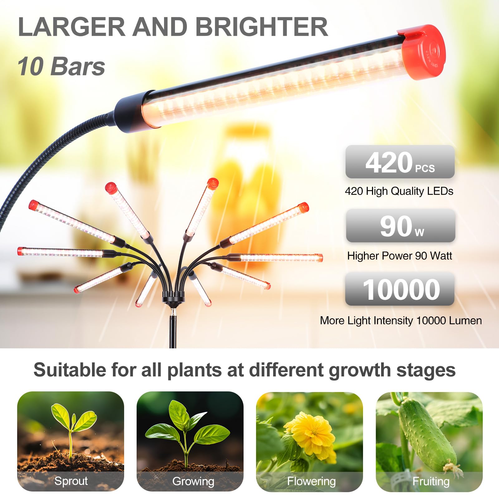 FECiDA 90W LED Grow Light for Indoor Plants, 10-Head, Full Spectrum, Black, Model ZH_GL_RH