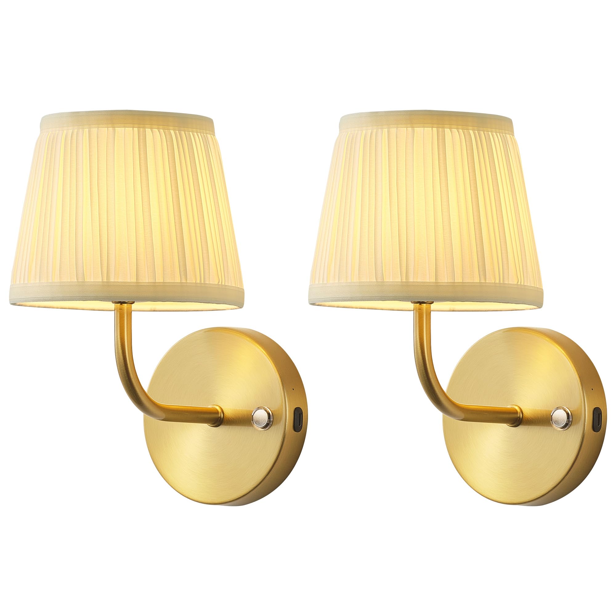 PUSU LED Cordless Gold H9.6 inch Small Wall Sconces Set of 2, Rechargeable 5200mAh Battery Operated Fabric Wall Lamp with Remote