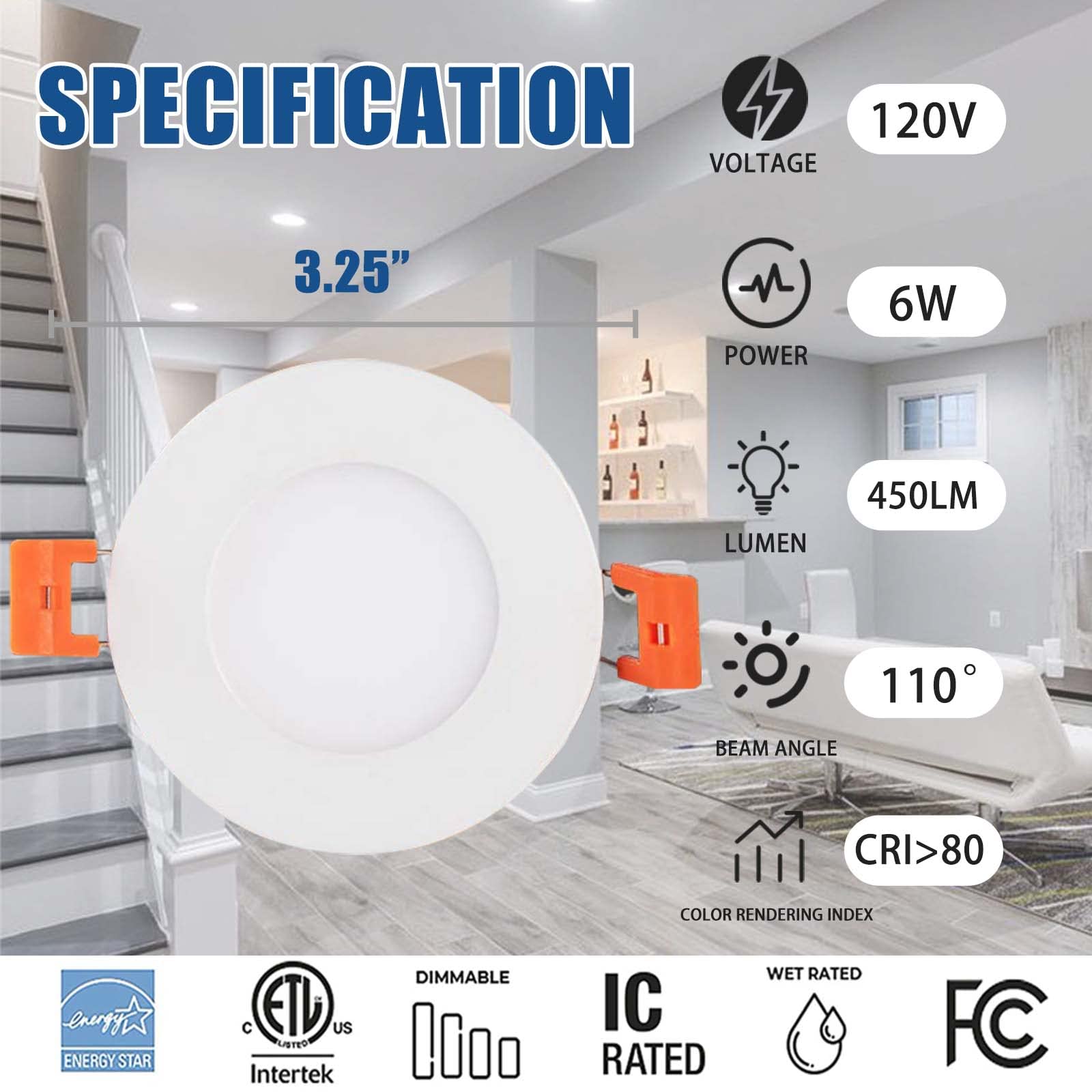4 Inch Led Recessed Light - 3000K/ 4000K/ 5000K 3 Color Selectable, 10W=75W 800Lm Ultra-Thin Dimmable Downlight Led Wafer Ceilin