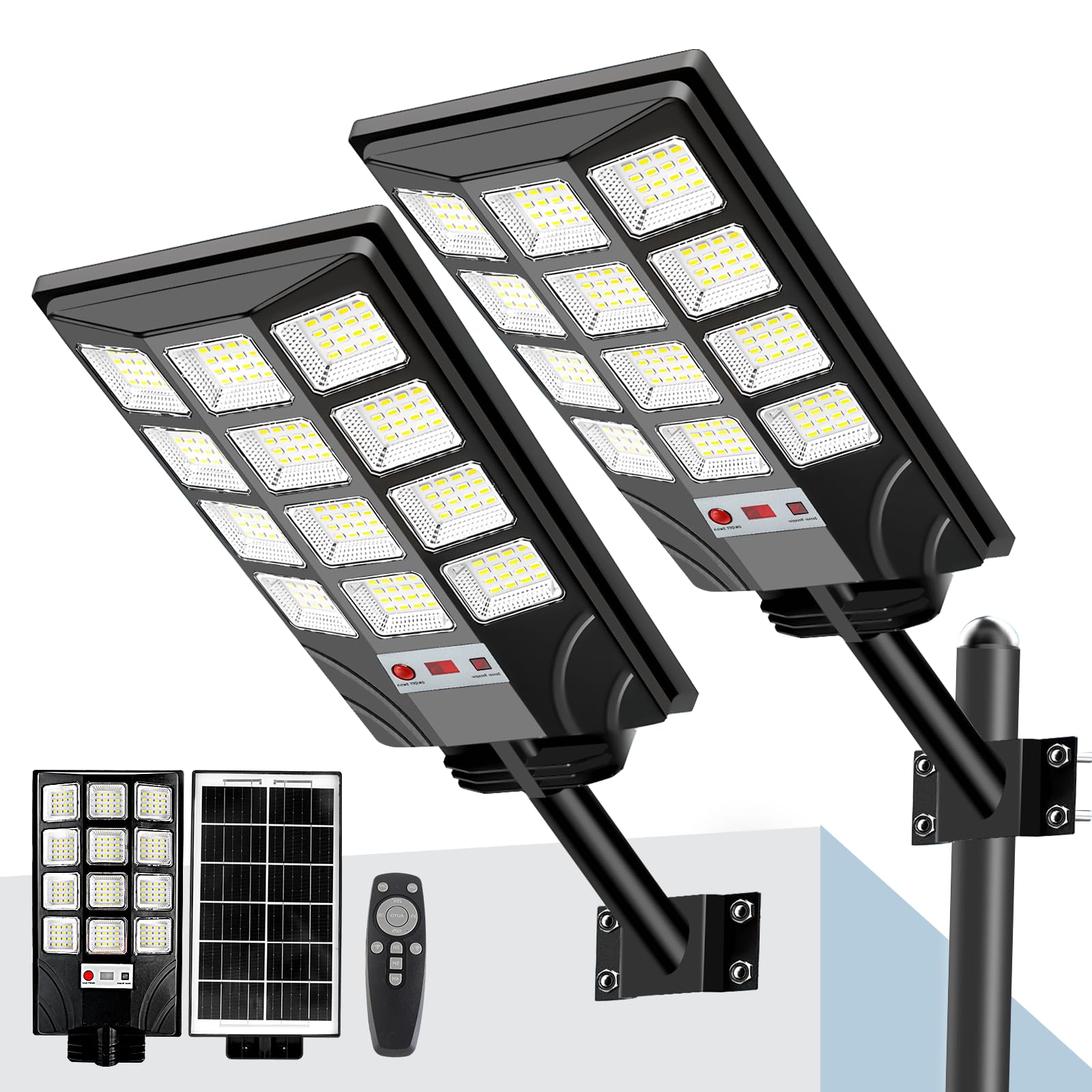 CNOIJUTS Solar Street Lights, 20000LM LED Motion Sensor, Dusk to Dawn, 2-Pack, Black, Model PD-2P12