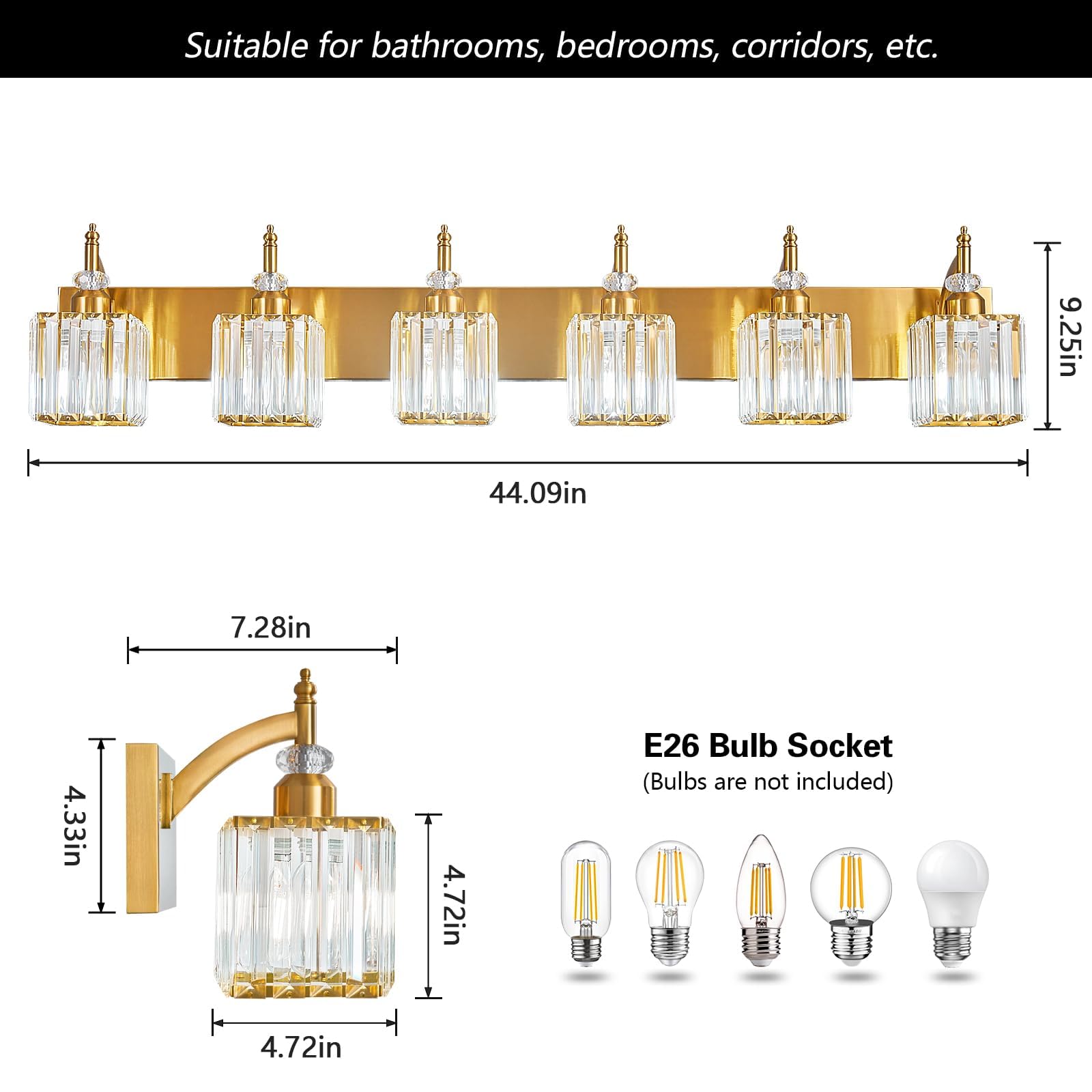 BBLLWJ Crystal Vanity Light Fixtures - 6-Light Modern Bathroom Lighting, Gold Finish, Metal, Model 655
