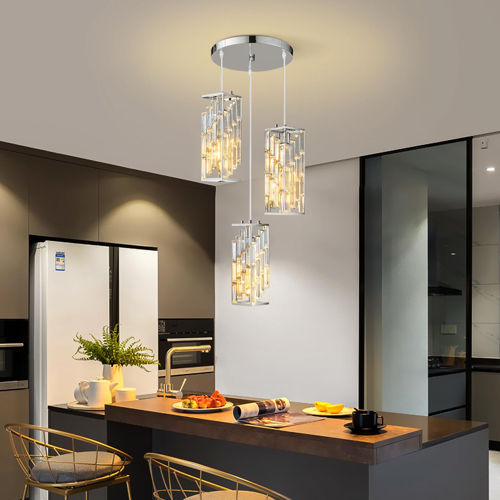 Fdpby Chrome Pendant Lighting Modern Pendant Light, Mini Crystal Chandeliers,Adjustable Pendant Light Fixture For Kitchen Island Dinning Room Bedroom (3 Light)