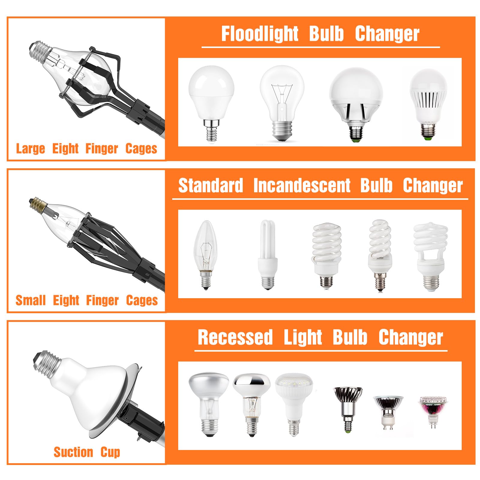 LAANPOLE 26FT Reach Light Bulb Changer with Suction Cup & Baskets, Orange, Aluminum, Model 001 for High Ceilings and Recessed Lights
