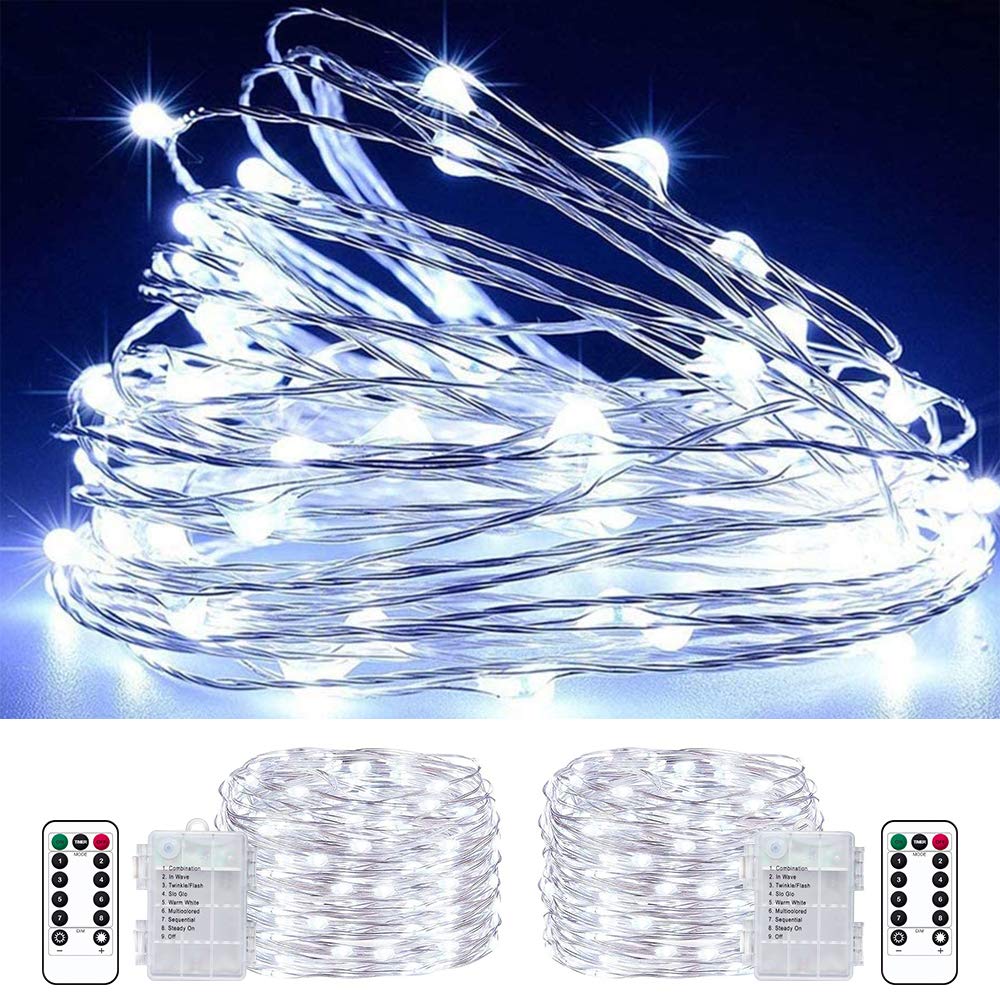 Yotelim Led Fairy String Lights Battery Operated,2 Pack 33Ft 100 Led Waterproof Cool White Twinkle Firefly String Lights With Re