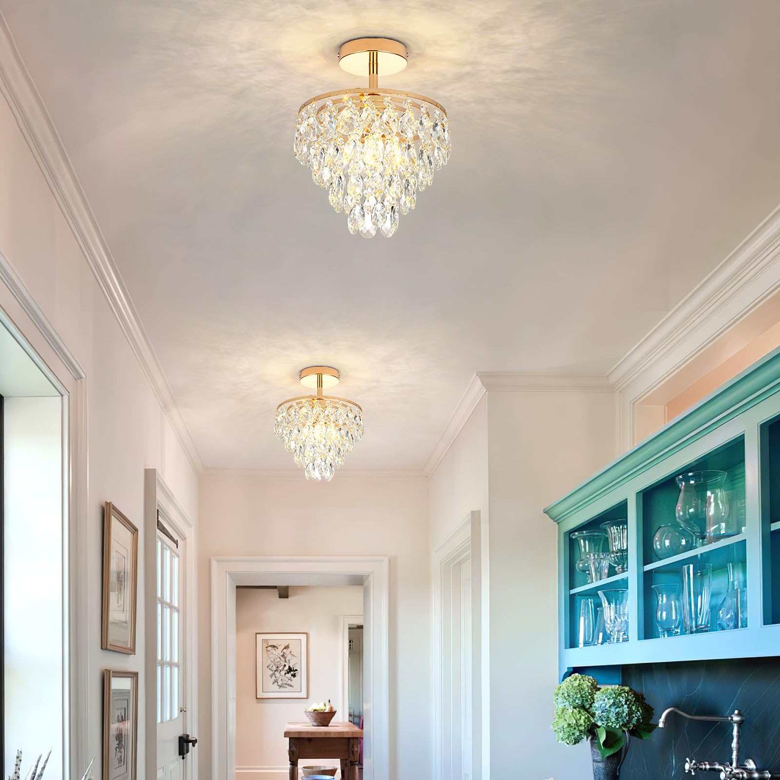 CXGLEAMING Gold Chandelier Light Fixture, Small Crystal Ceiling Light, Model MC300 for Hallway, Closet, Bathroom, Bedrooms