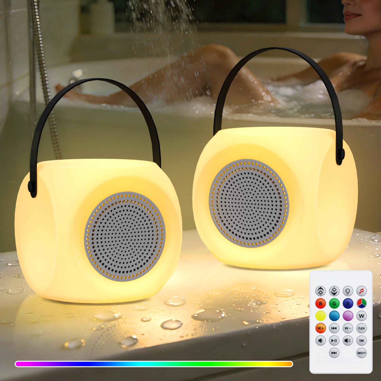 FUYO Shower Lamp with Speaker 16 Colors with Remote, Shower Lights Waterproof, Bluetooth Speakers with Lights Dual Pairing HD St