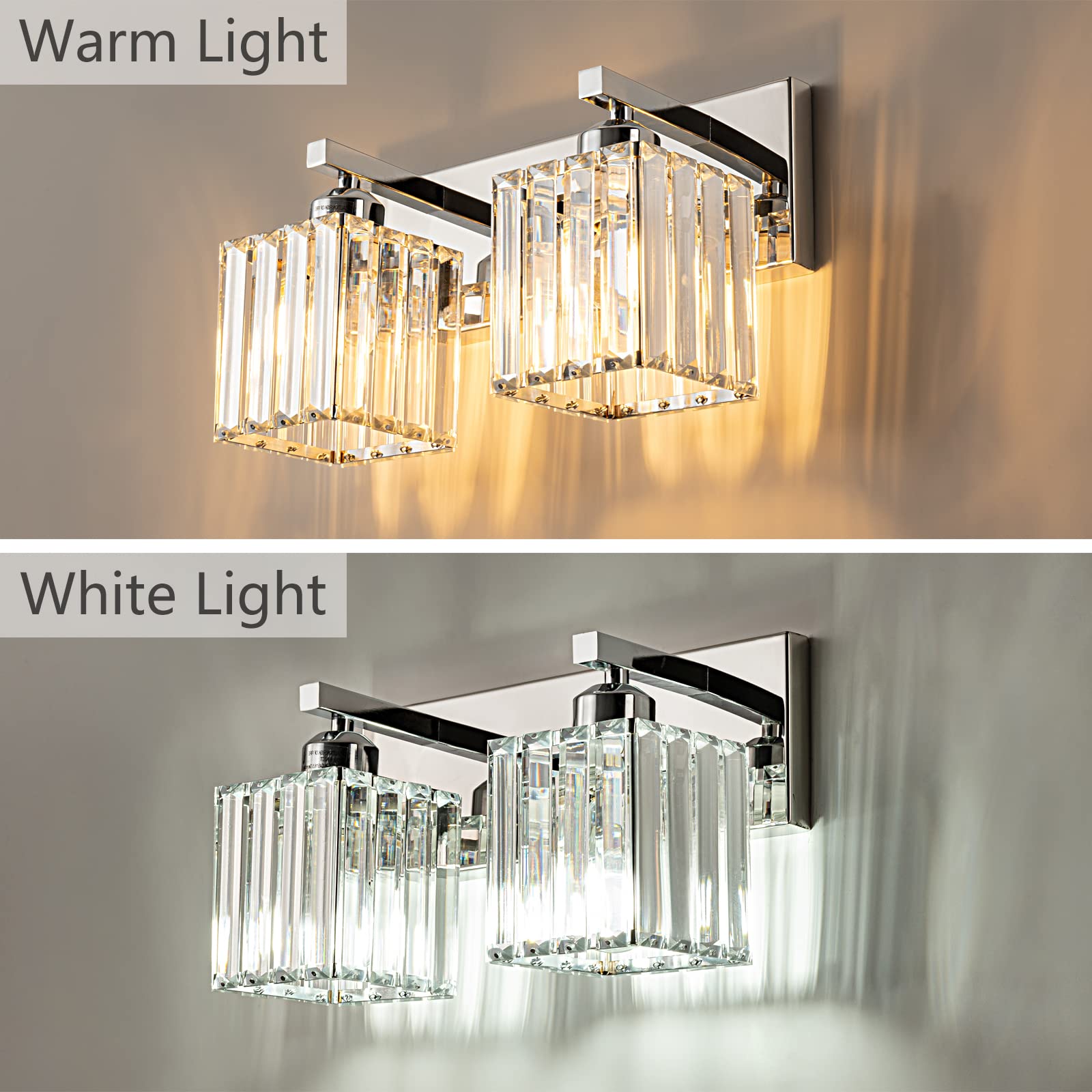 FDPBY Modern 2-Light Chrome Crystal Bathroom Vanity Wall Light, Metal, JW-002, Chrome Straight