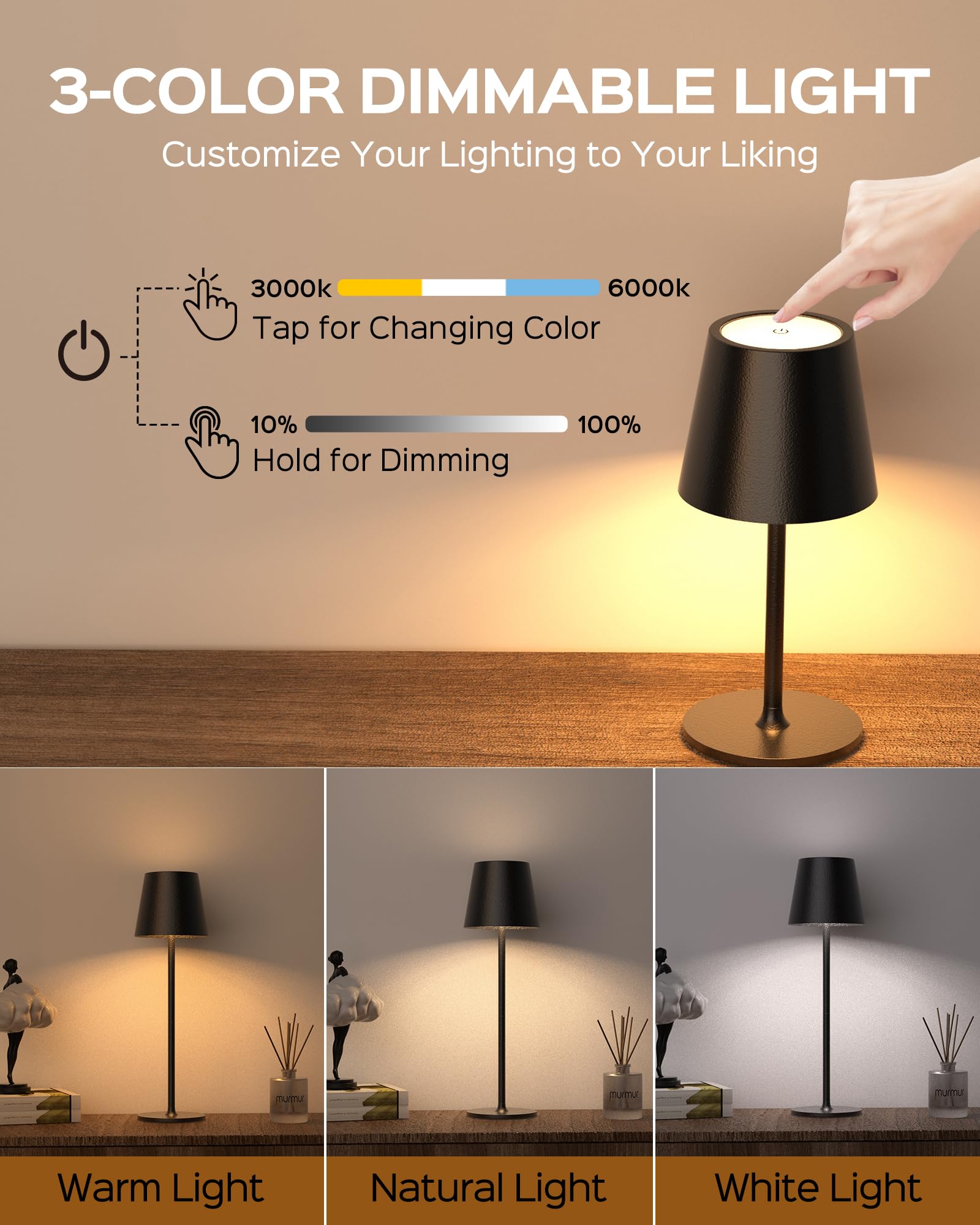 JACKYLED Cordless Table Lamp, Rechargeable, 3 Adjustable Heights, 5000mAh Battery, Waterproof, 1 Pack, Black, Model JKTL02-7005404D