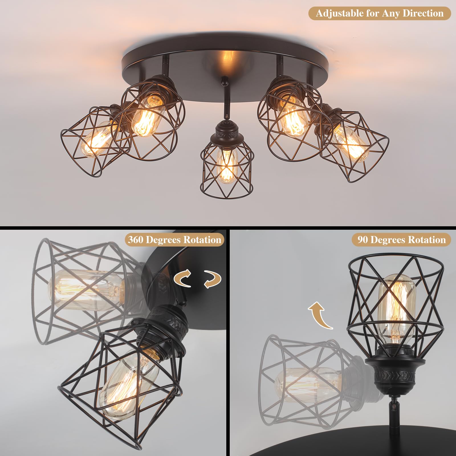 5-Lights Kitchen Light Fixtures Ceiling Mount, Adjustable Multi-Directional Black Flush Mount Ceiling Light, Retro Metal Cage Fa