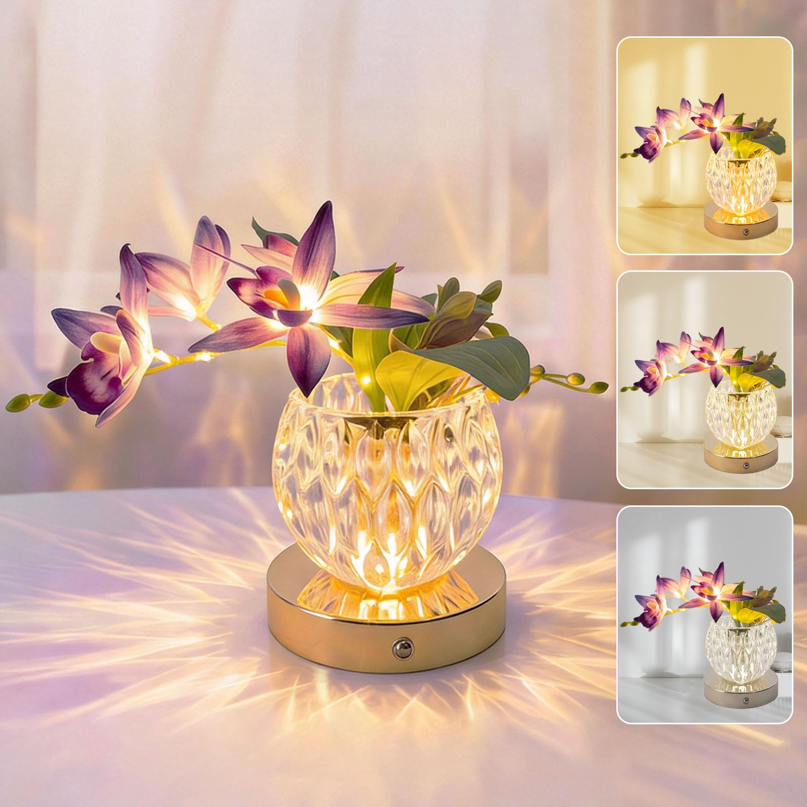 Strackvial Flower Table Lamp, 3-Color Touch Dimming Orchid Glass Night Light, Rechargeable Artificial Flower Light, Desktop Ambi