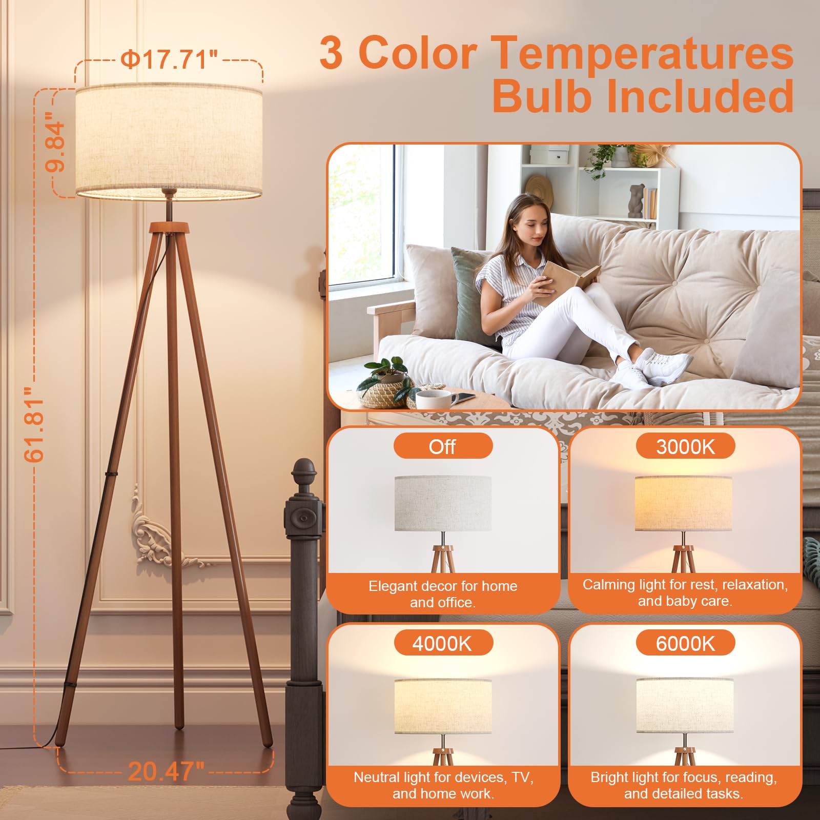 Litehistory Wood Tripod Floor Lamps For Living Room, Bedroom, And Office,Standing Lamp With Beige Linen Shade, 12W Three-Color B