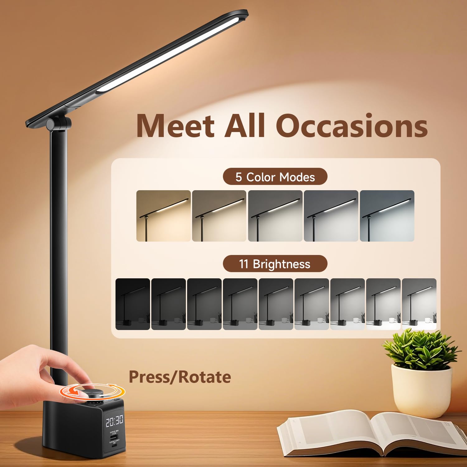 Desk Lamps For Home Office,5 Colors+11 Brightness Led Desk Lamp With Usb Charging Port+Clock+Pen Holder,700 Lumen Led Desk Light Desk Lamps For Office,Small Desk Lamp For Desk Lights For Home Office