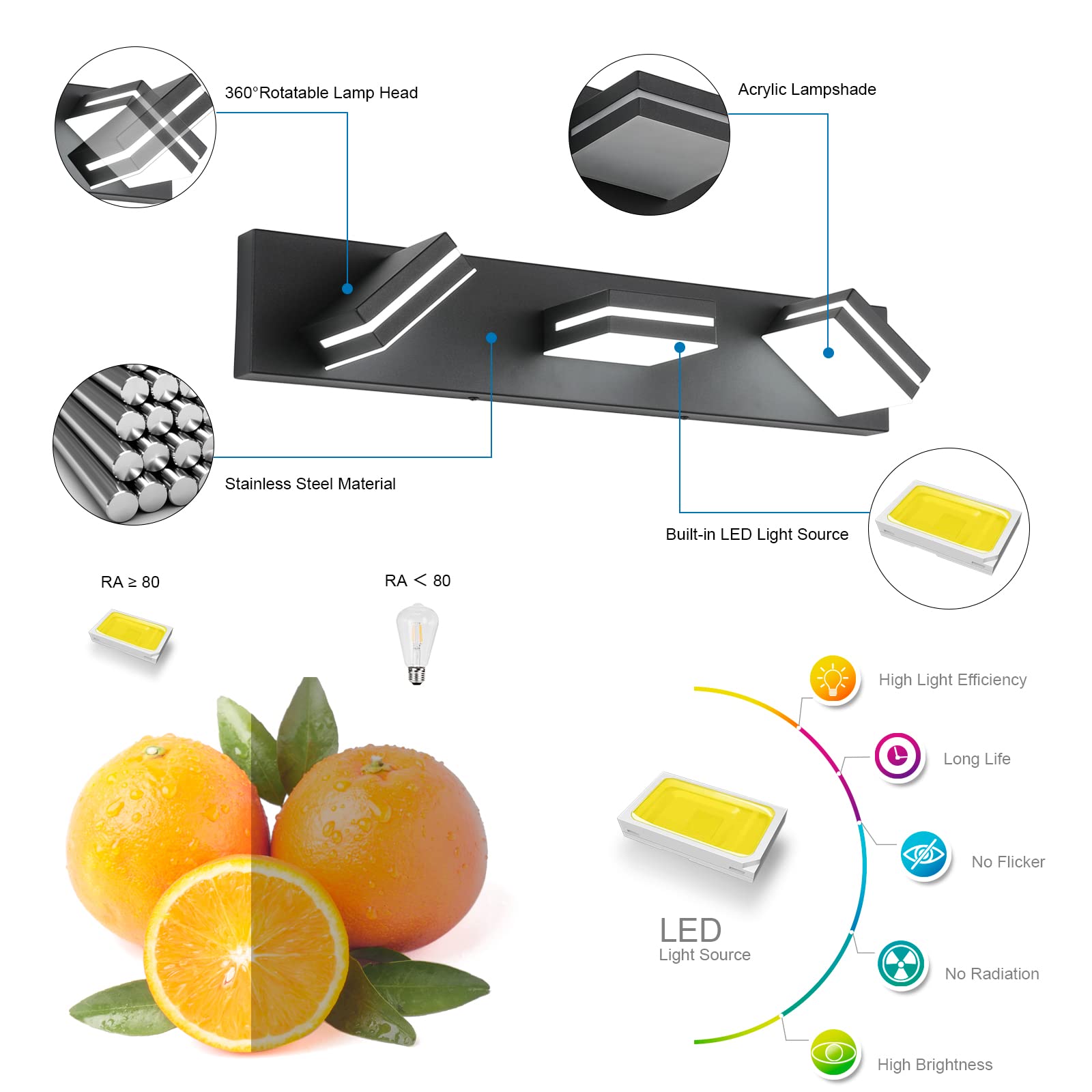 Sinerise Led Modern Bathroom Vanity Light Fixtures (3-Light, 24-Inch), Matte Black Modern Acrylic Bathroom Wall Lighting Fixture