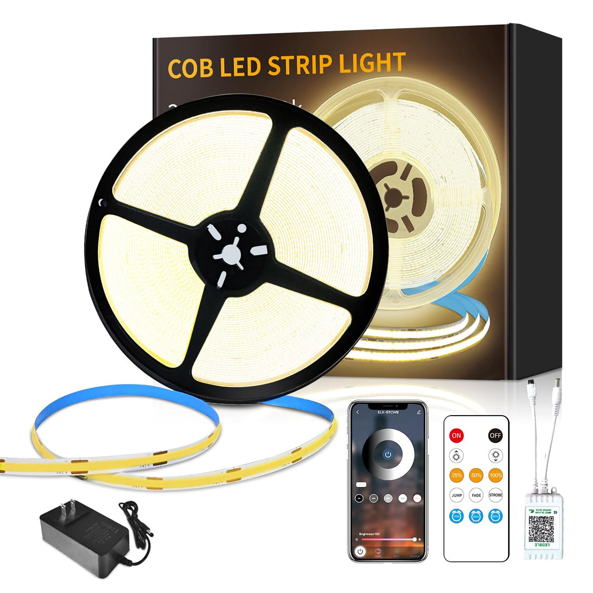 Yeewhale 32.8Ft Cob Led Strip Lights Dc 24V Dimmable 3000K Warm White Flexible Led Tape Light For Bedroom, With Remote And App C