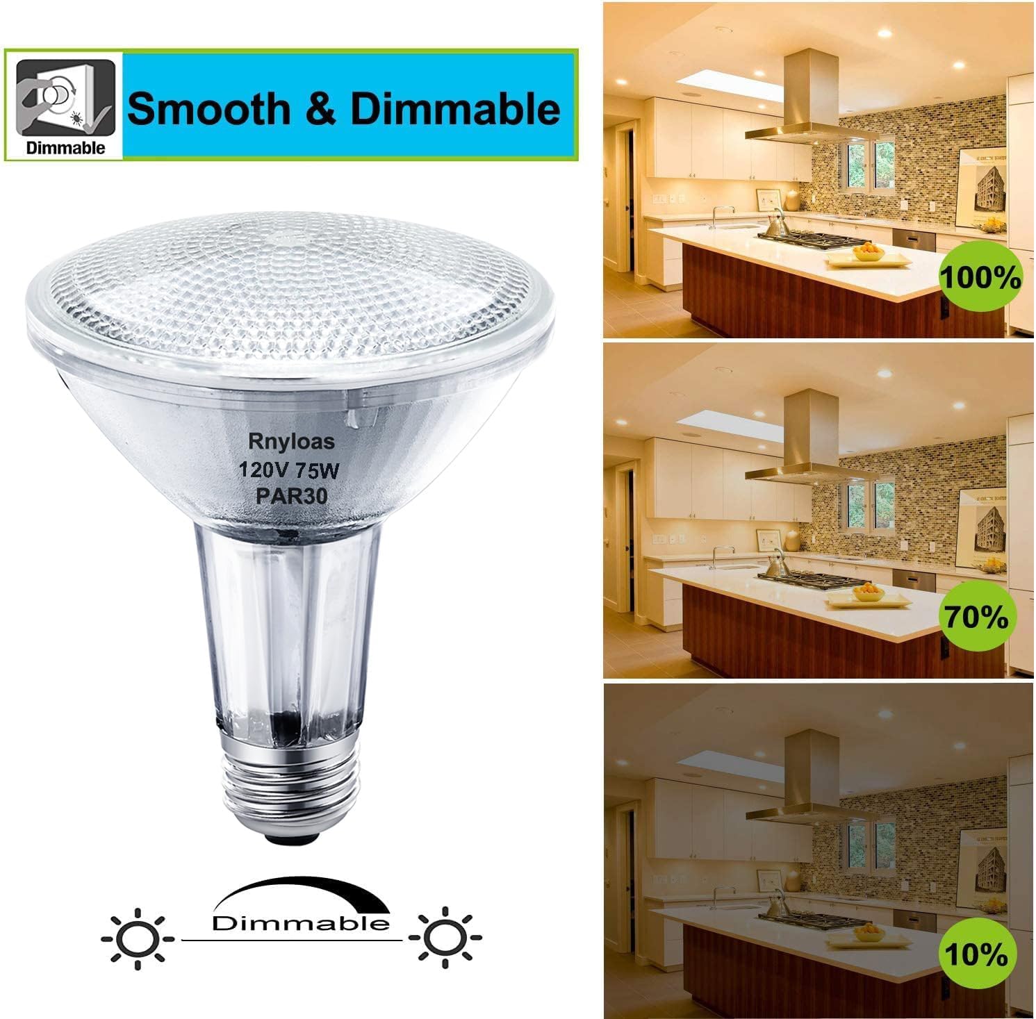Rnyloas PAR30 Long Neck Flood Light Bulbs, Dimmable, 75W, Clear Glass, E26 Base, 6-Pack, High Brightness, Warm White
