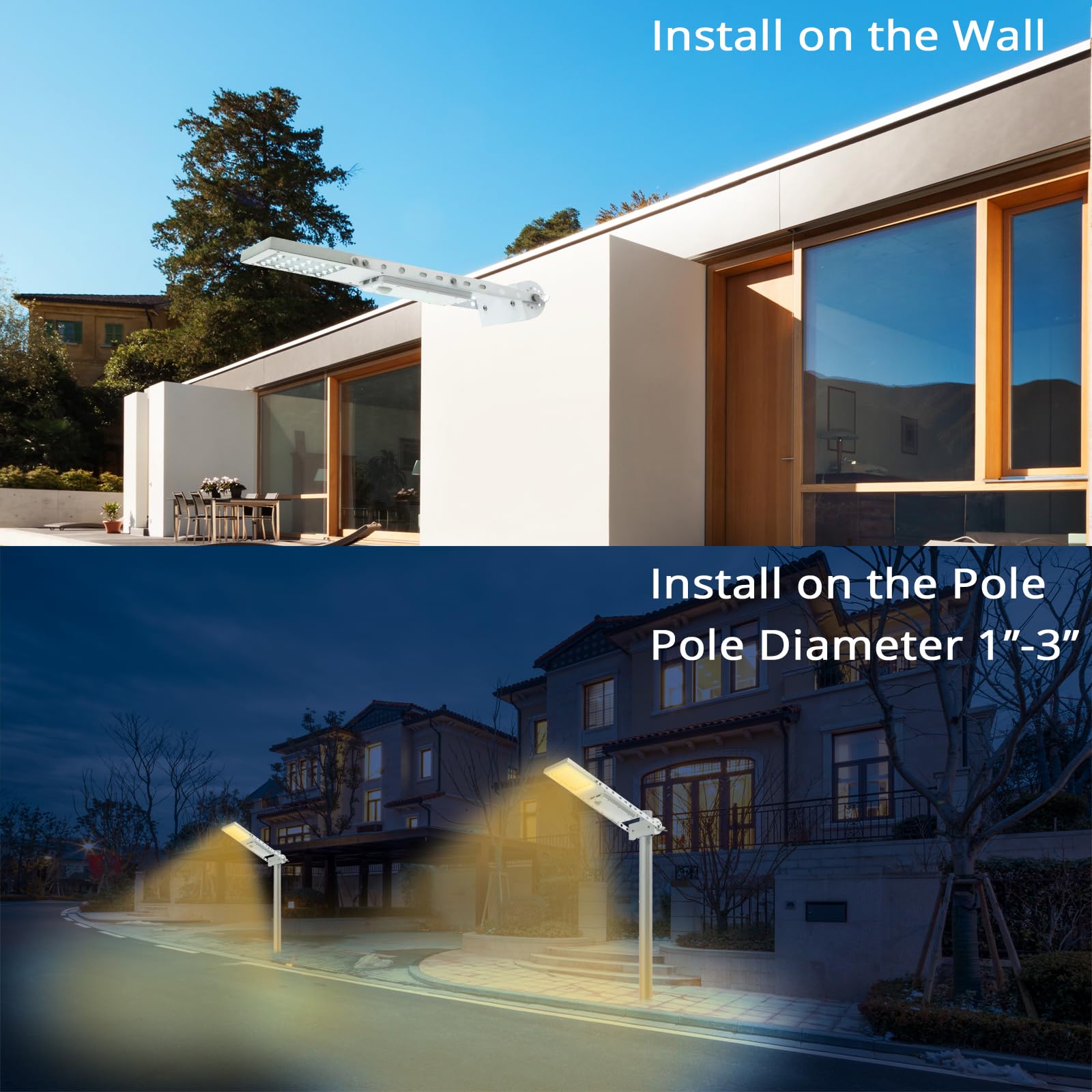 Solar Light Mart Alpha 1080X Solar Street Light - Motion Sensor, Dimmable, Waterproof, Warm White 2800K, Max Pole Diameter 3in