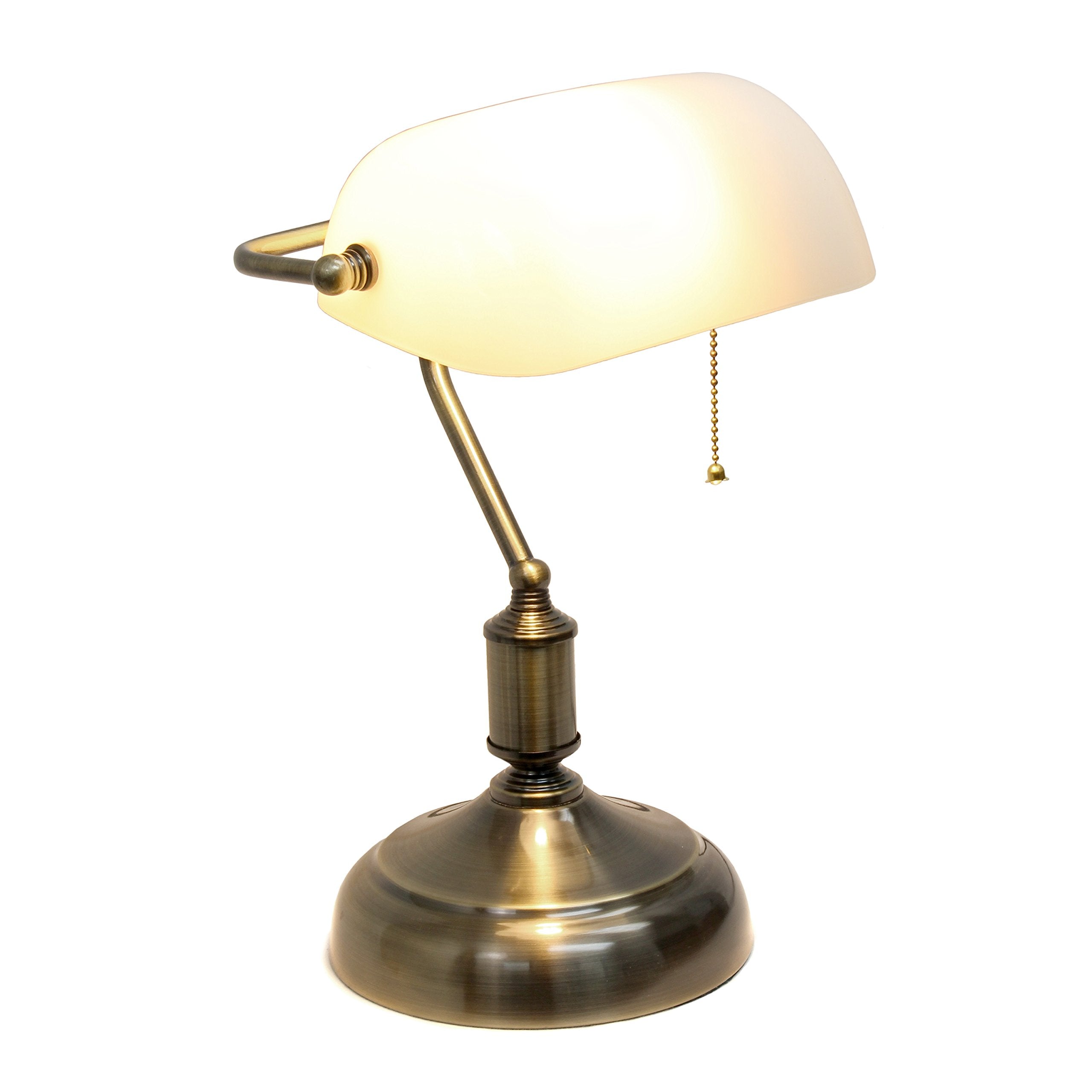 Simple Designs Lt3216-Wht Executive Banker'S Desk Lamp With Glass Shade, White, Antique Nickel/White, 10 X 8.66 X 14.75
