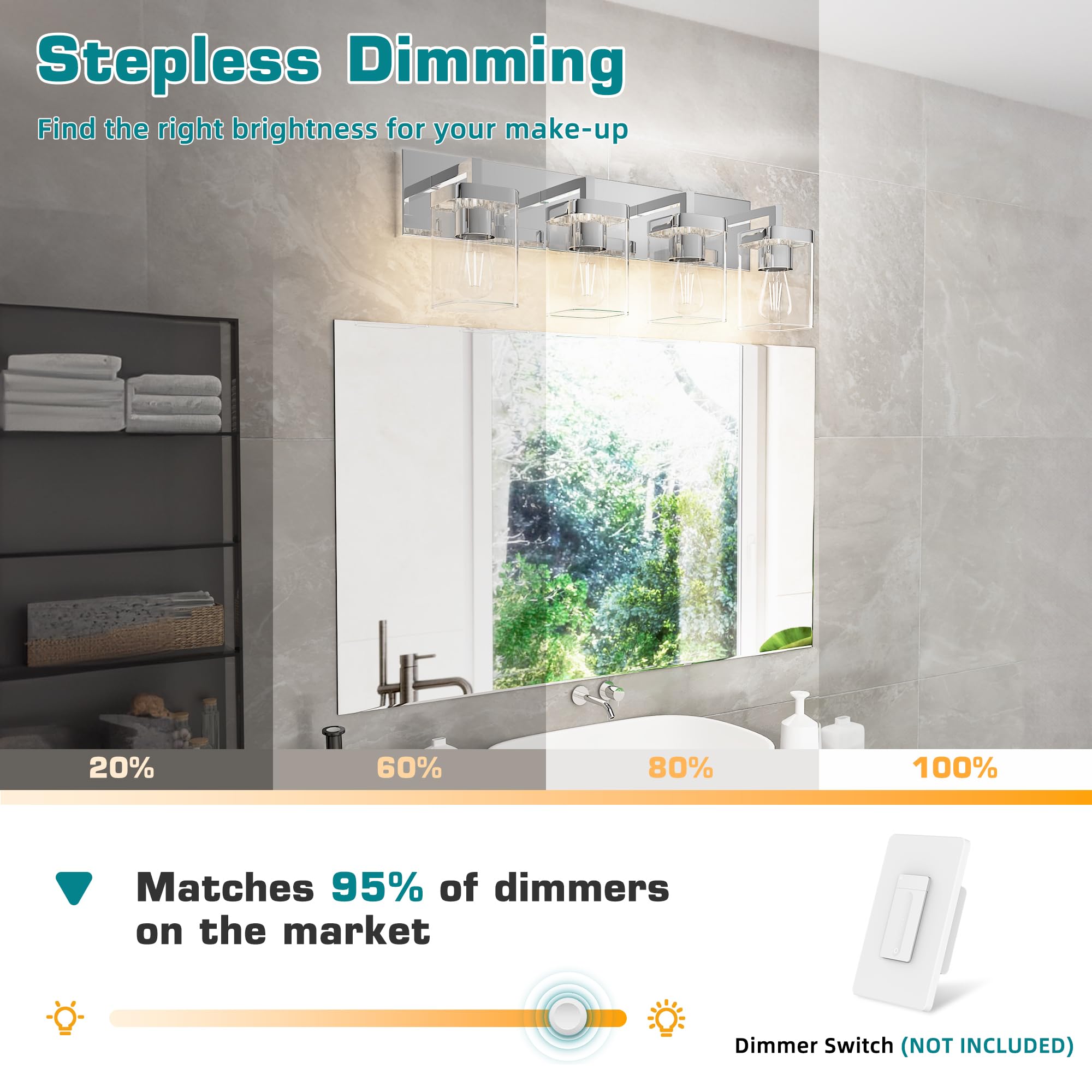 Danshinro Chrome Bathroom Vanity Light, Square Design 4 Lights Morden Bathroom Lighting Fixtures Over Mirror, Bathroom Vanity Li