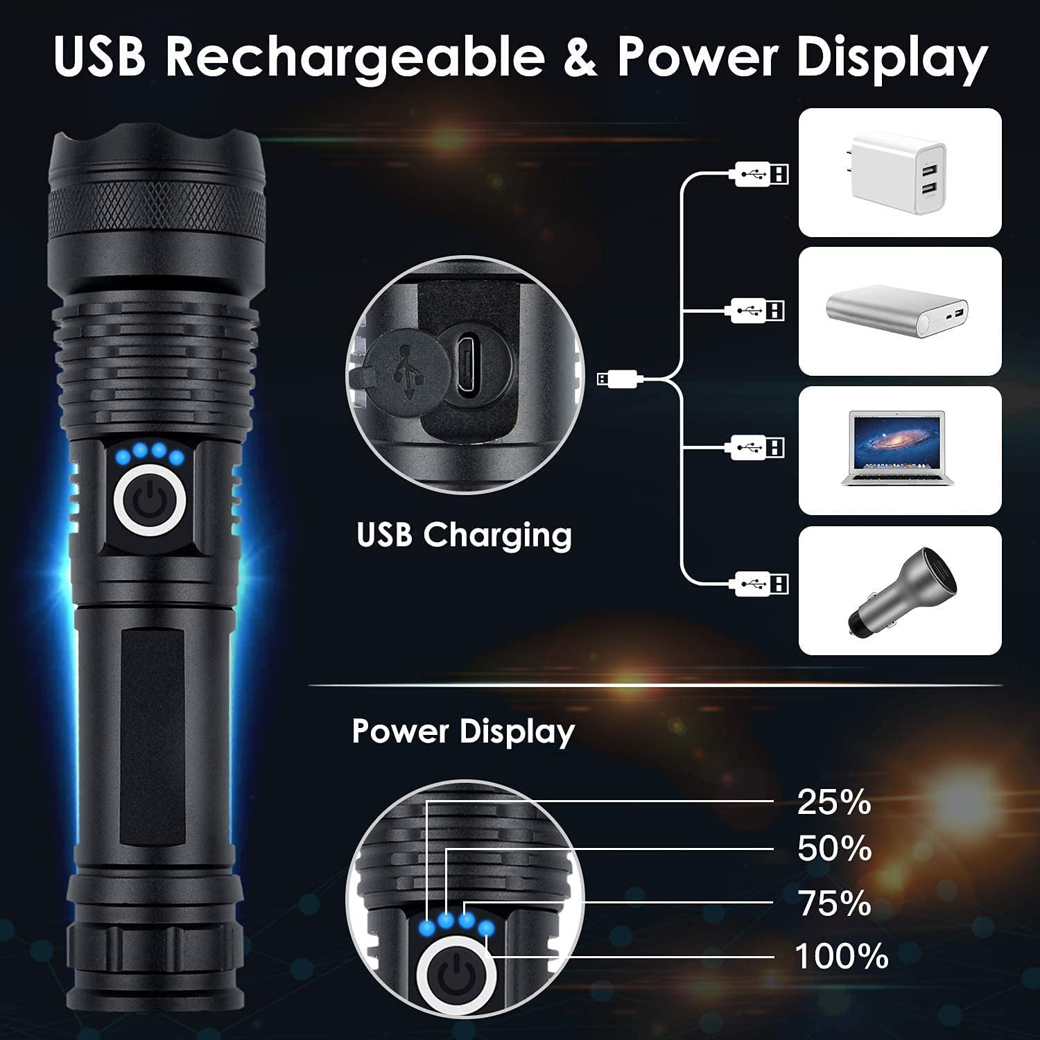 BERCOL P50 Rechargeable LED Flashlight, 100000 Lumens, 5 Modes, Waterproof, Black, Aluminum