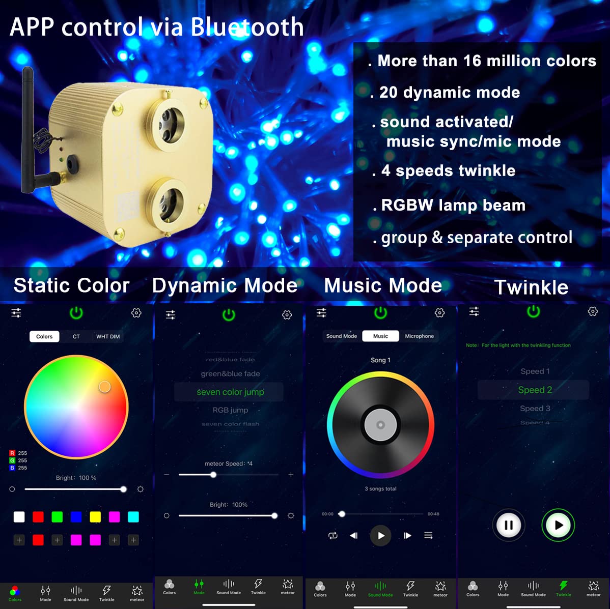 AZIMOM Bluetooth Fiber Optic Lights, 20W Twinkle Star Ceiling Kit, 1100pcs, 0.03in, 13.1ft, Gold, Model QJ-L