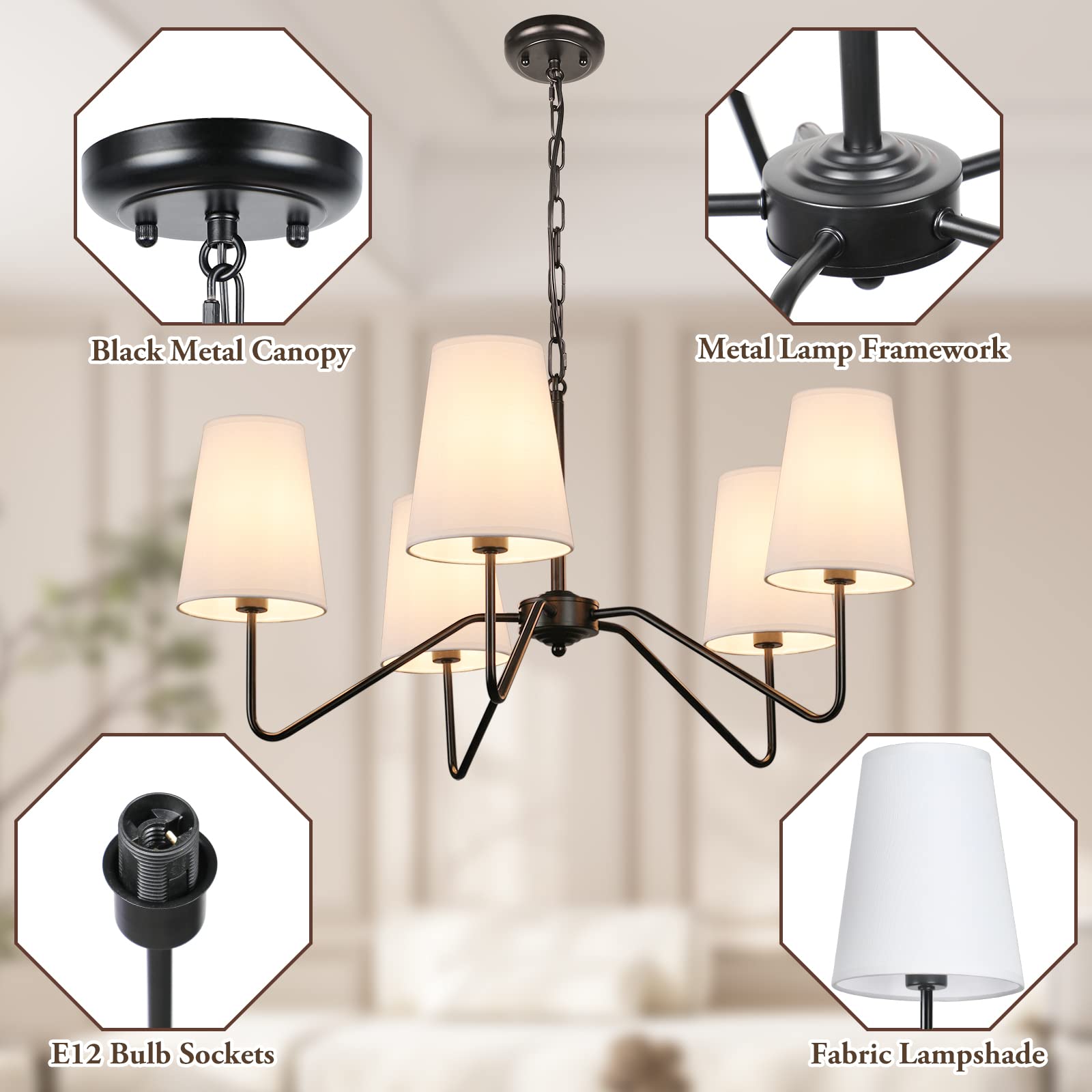 Bosceos 5-Light Modern Chandelier, Black & White Metal Pendant Ceiling Light, Adjustable Height, Model JP21709.5BK for Dining Room & Living Room